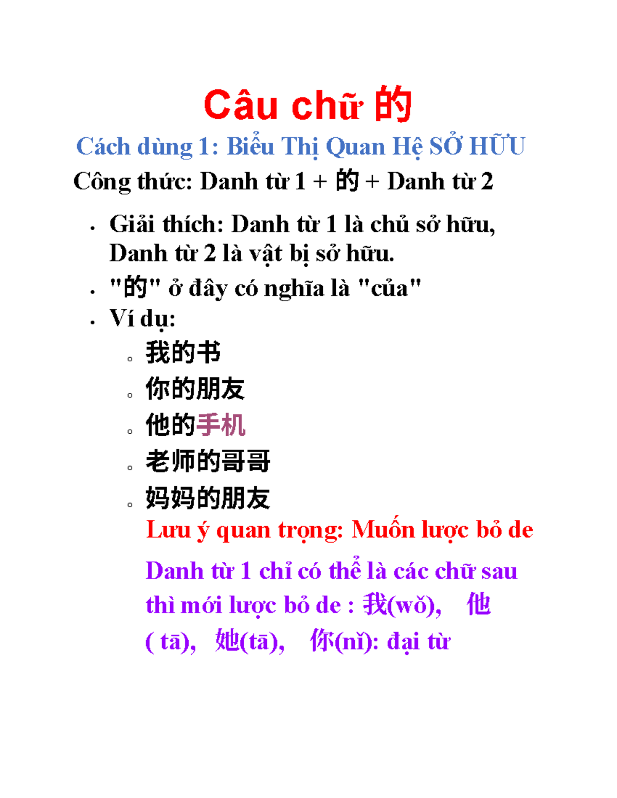 Cách Dùng Câu Chữ 的: Biểu Thị Sở Hữu & Bổ Nghĩa Miêu Tả - Studocu
