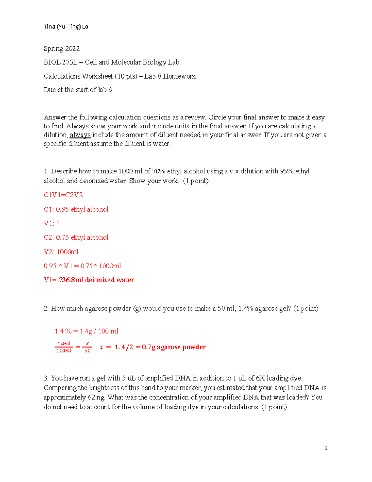 Tina BIOL275L SP22 Lab 8 Calculations Worksheet Guide - Studocu