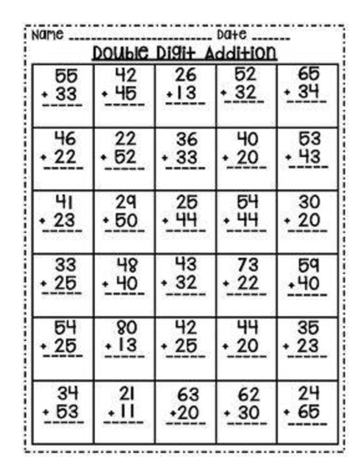 G1 MATH Addition Without Regrouping - Name Date Double Digit Addition ...