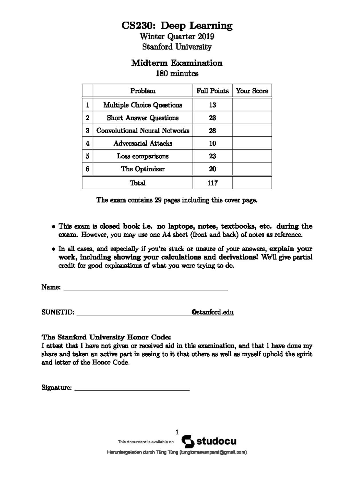 CS230: Deep Learning Winter 2019 Stanford University Midterm Exam ...