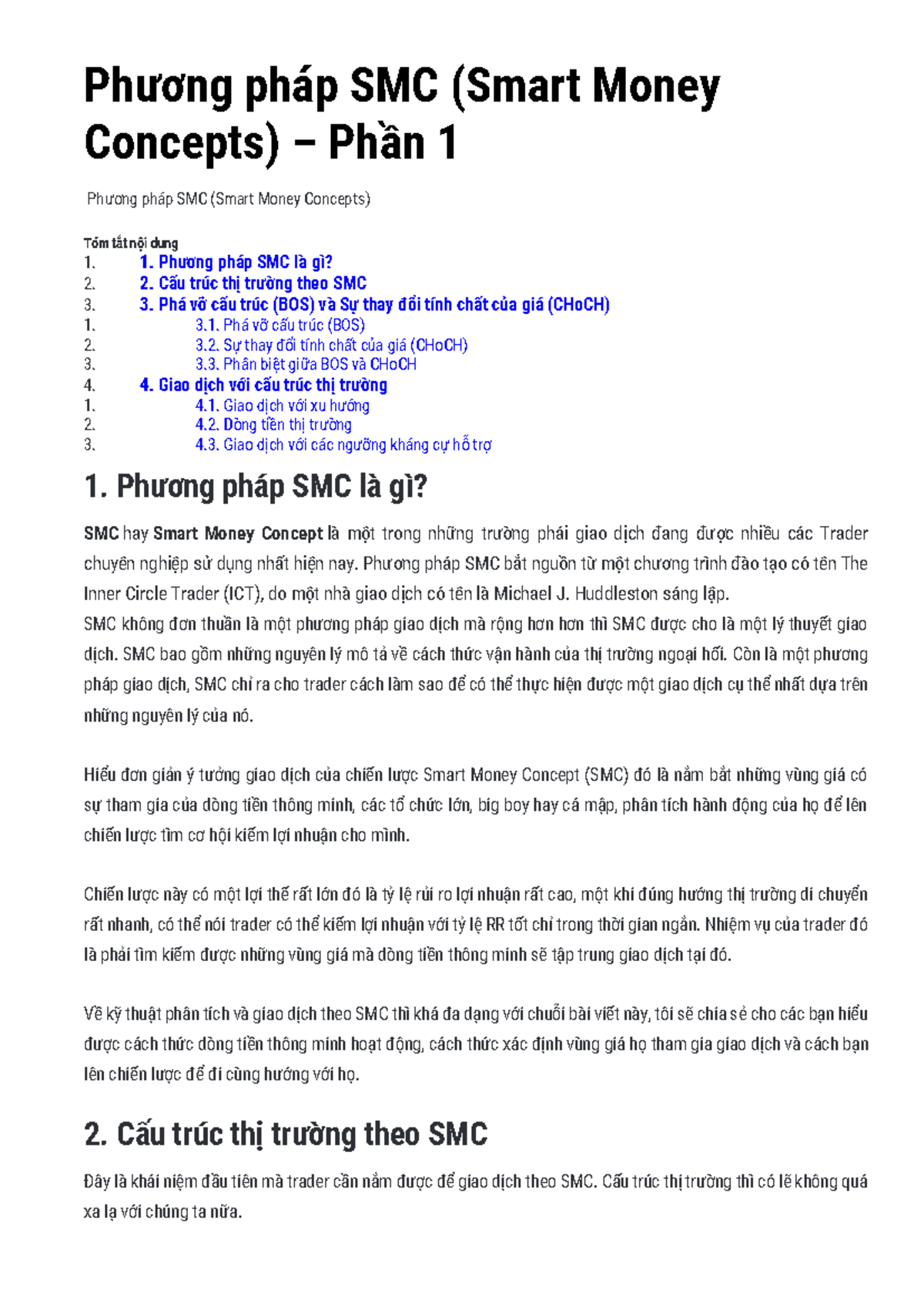 Phương pháp SMC (Smart Money Concepts) – Phần 1 & 2 Tóm tắt Nội Dung - Document Preview