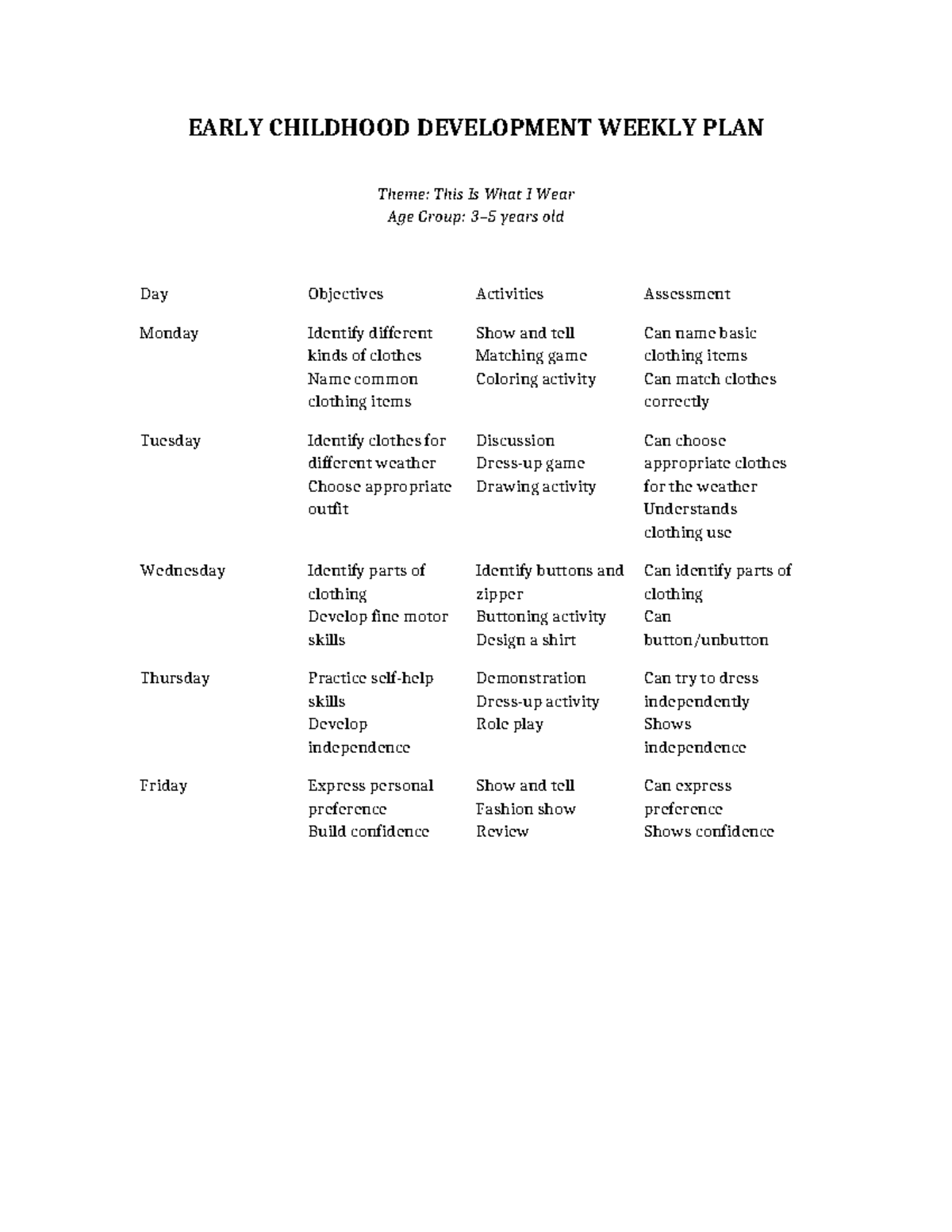 ECD Weekly Plan: This Is What I Wear Theme Activities - Studocu
