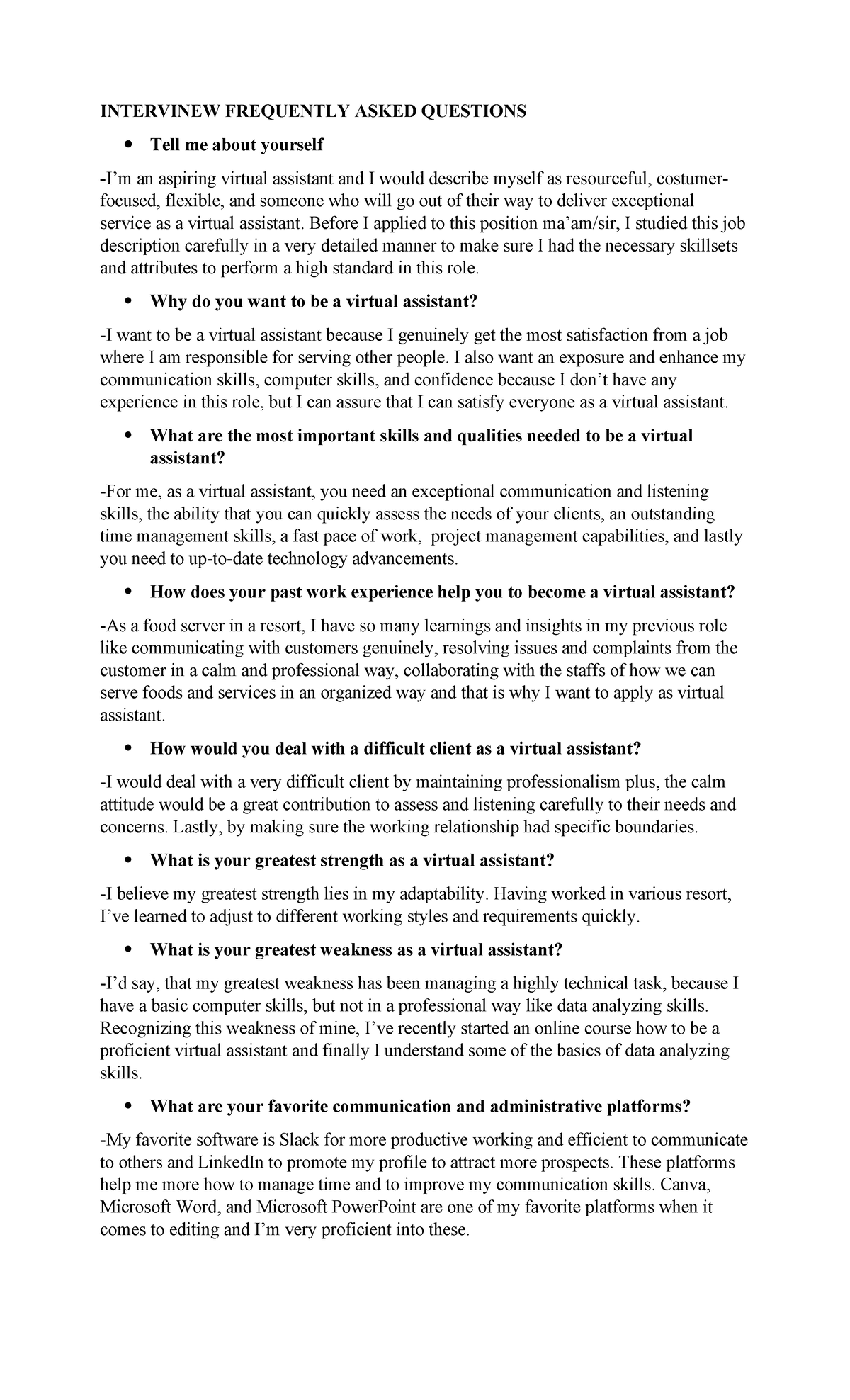 Intervinew Virtual Assistant FAQs 065351 091000 - Studocu
