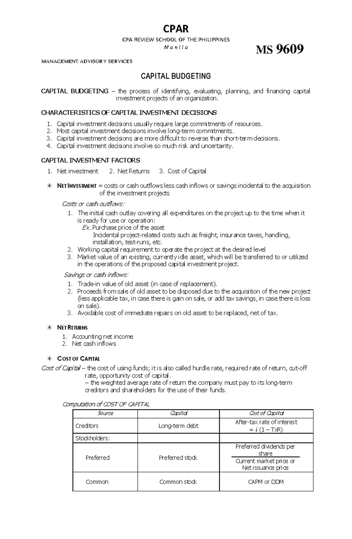 Week 13-15 MAS 9609 Capital Budgeting Comprehensive Review - Studocu