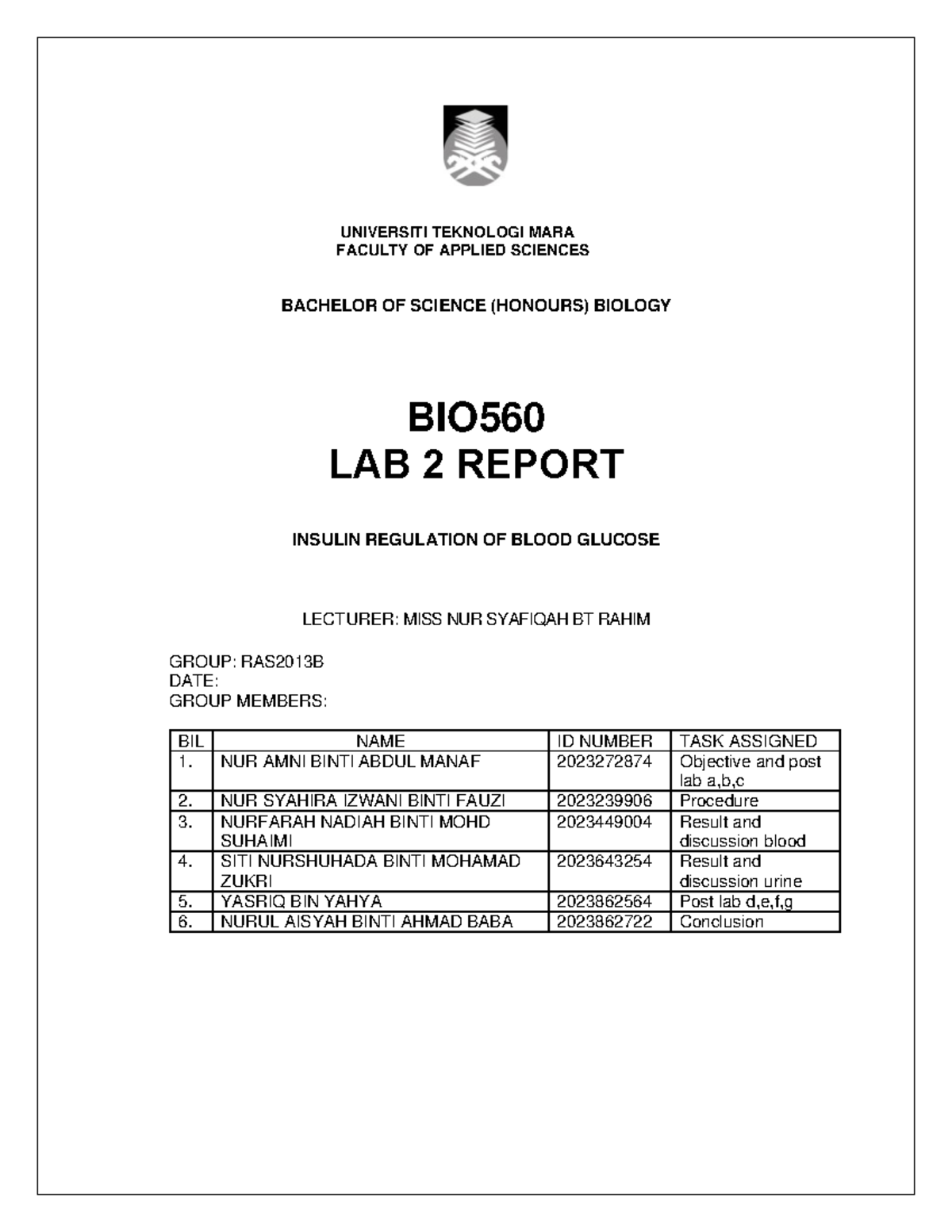 LAB Report 2 BIO560 - UNIVERSITI TEKNOLOGI MARA FACULTY OF APPLIED ...