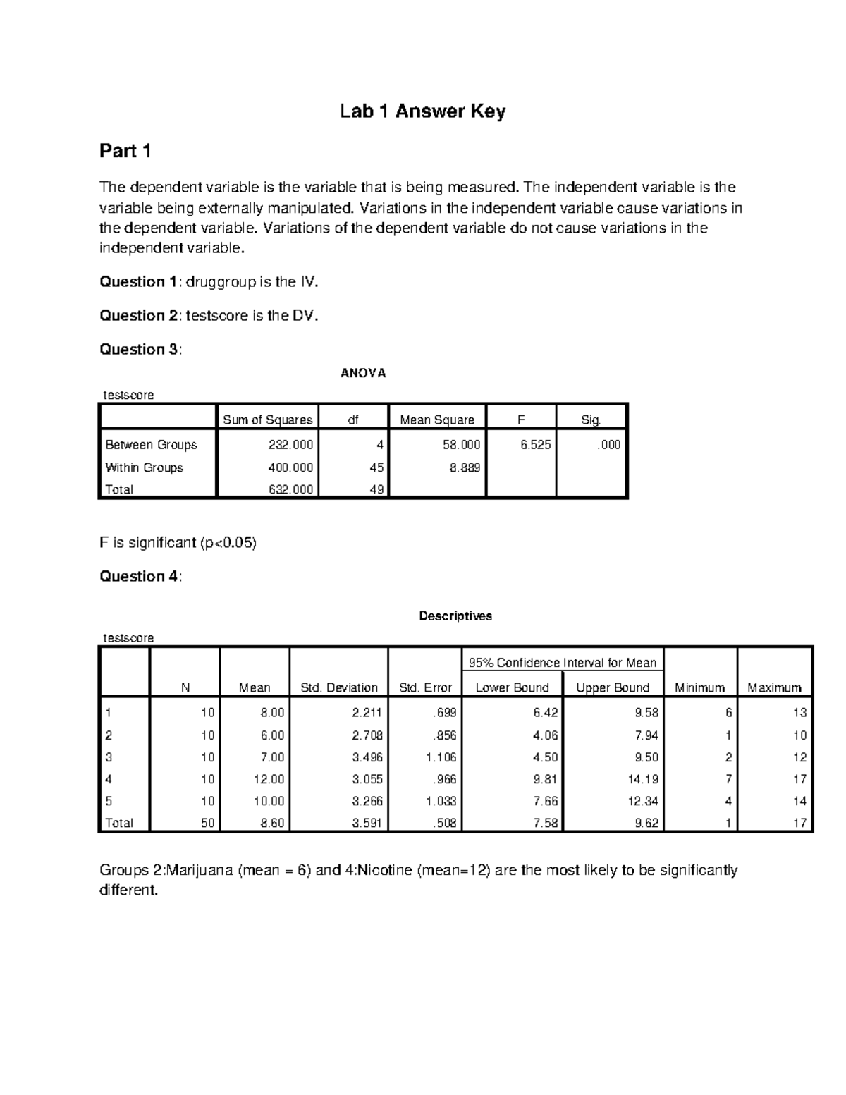 Lab 1 Answers - Lab 1 Answer Key Part 1 The dependent variable is the ...