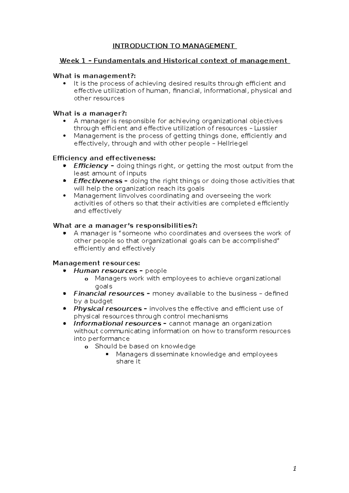 Introduction to Management: Key Concepts & Theories Notes - Studocu