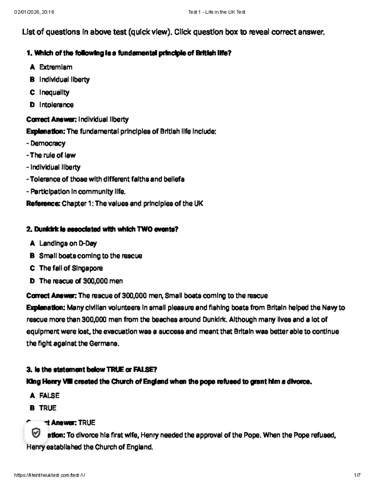 Test 1: Life in the UK - Quick Answer Guide - Studocu