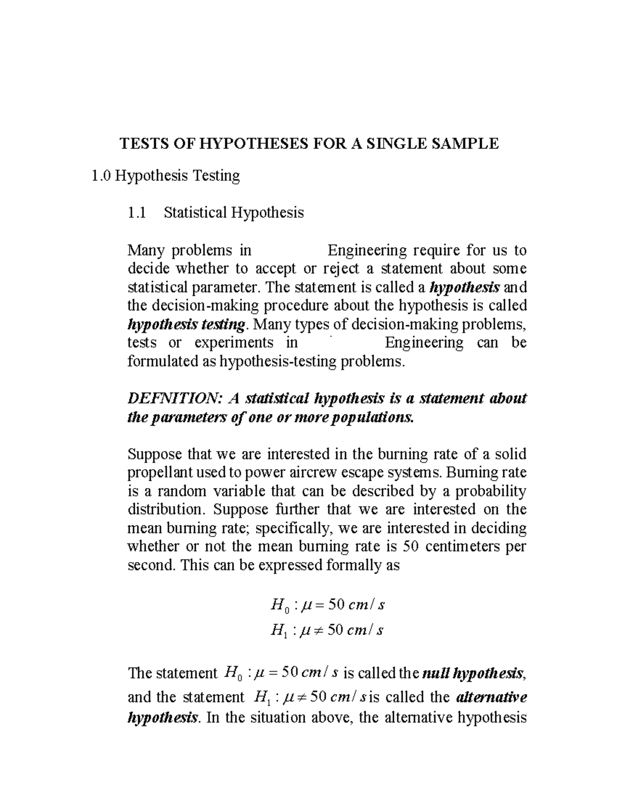 Chapter 8 - Hypothesis Testing for a Single Sample (IE 101) - Studocu