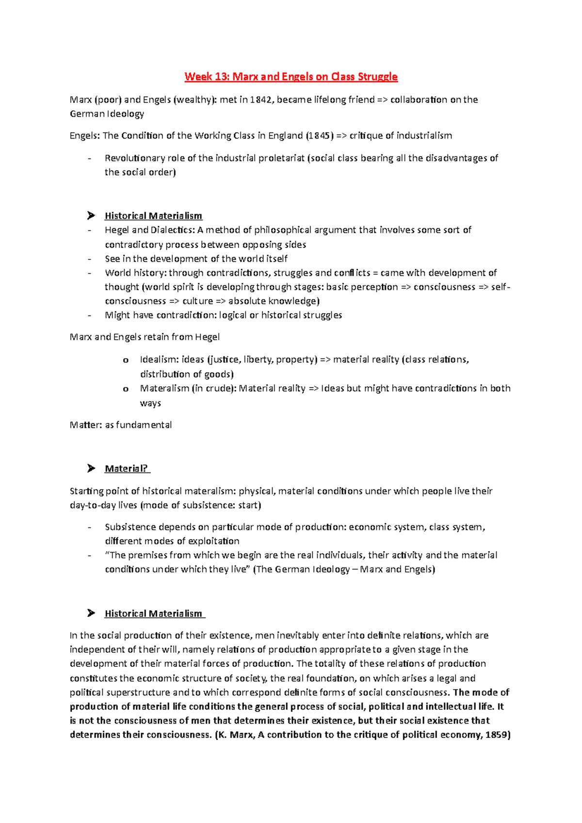 Week 13 - Marx - Class struggle - Week 13: Marx and Engels on Class ...