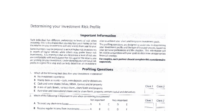 FINC3006 Investment Risk Profile Assessment Guide - Studocu