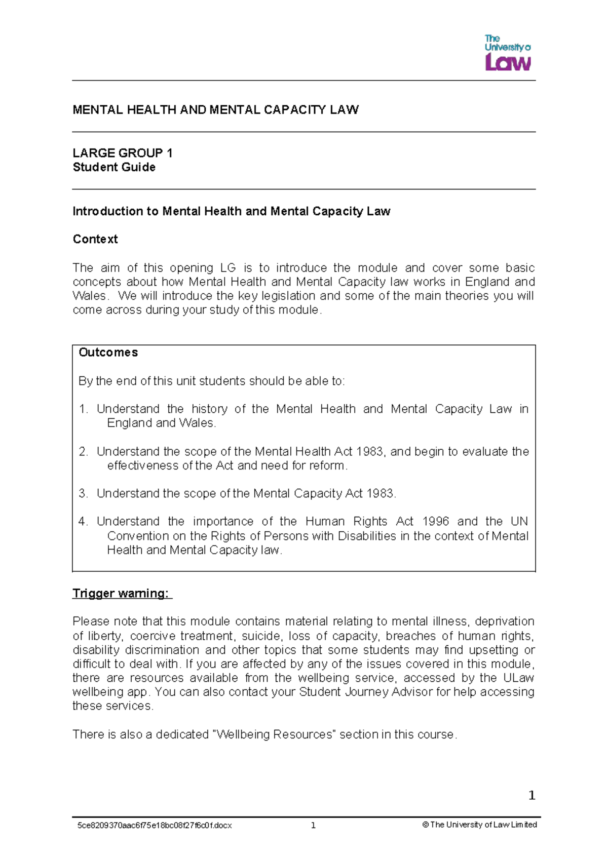 LG1 - Introduction to Mental Health & Capacity Law Lecture Notes - Studocu