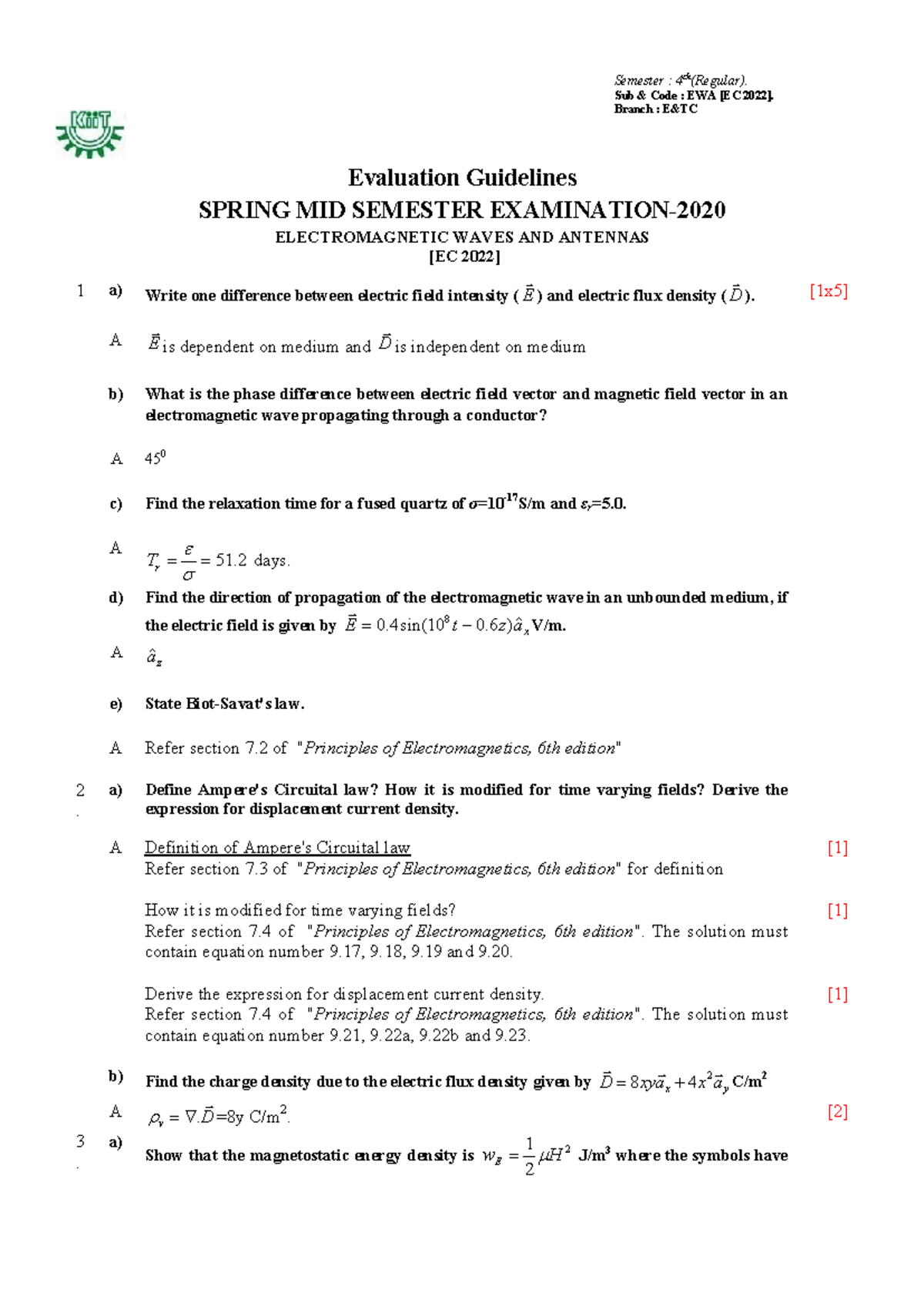 Solution EWA 2020 Spring Mid 1 - Electromagnetic Waves and Antennas ...