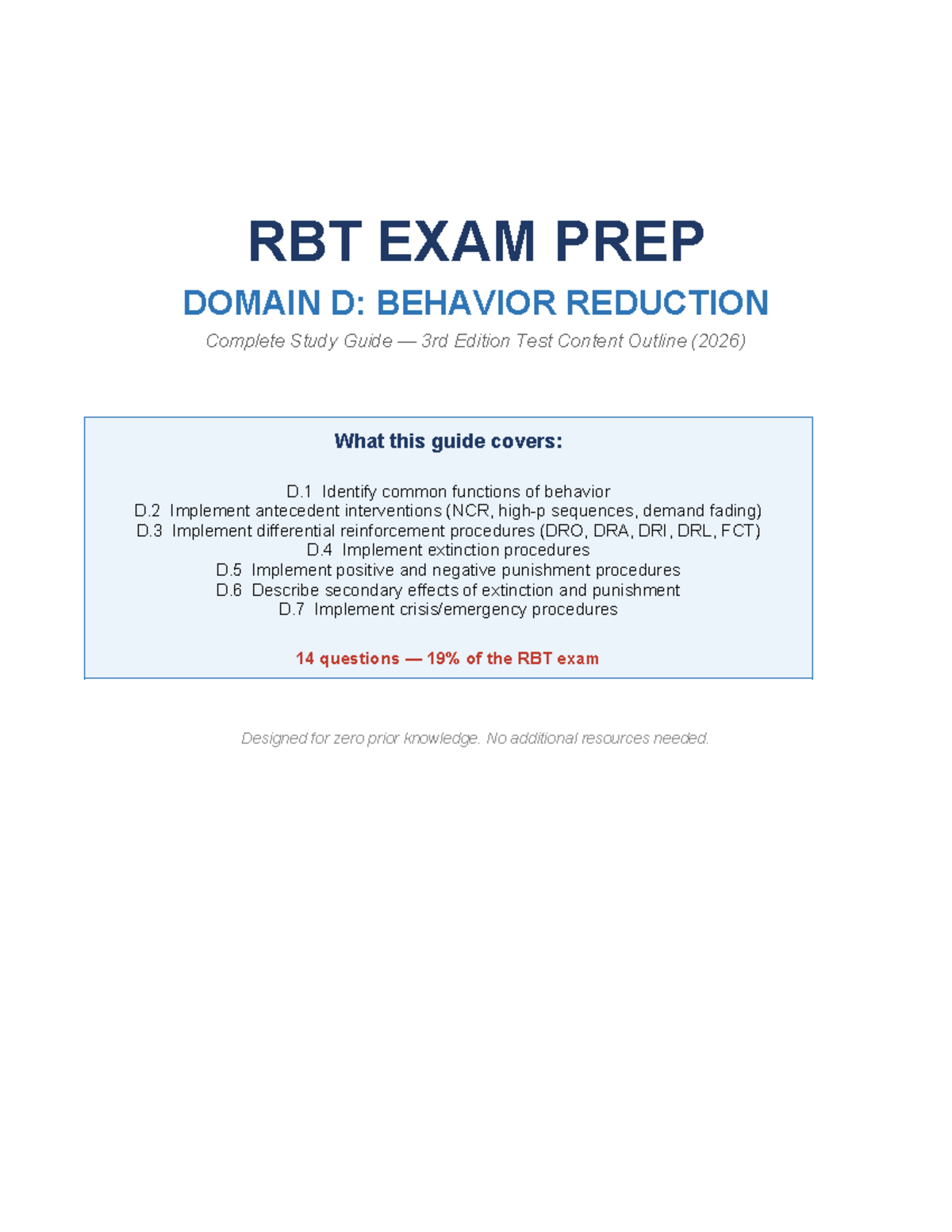 RBT EXAM PREP: Domain D Behavior Reduction Study Guide 3rd Edition ...