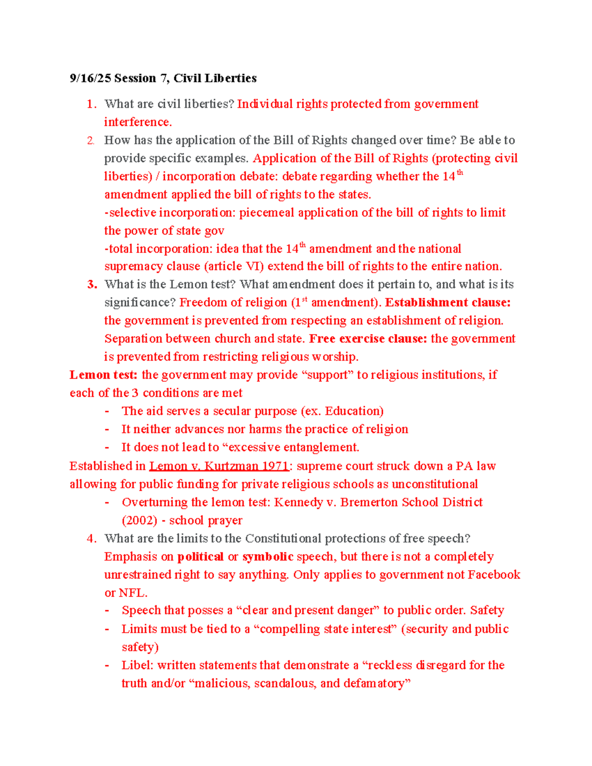 Final Exam Notes on Civil Liberties & Rights (POLS 101) - Studocu