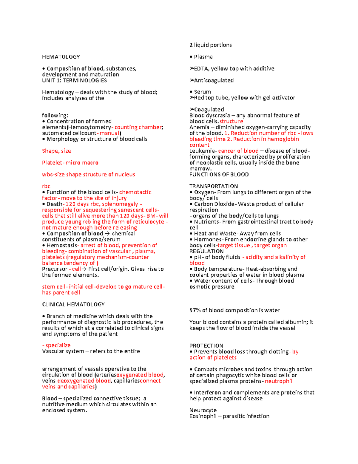 Hematology CH. 1 - Comprehensive Notes on Blood Composition and ...