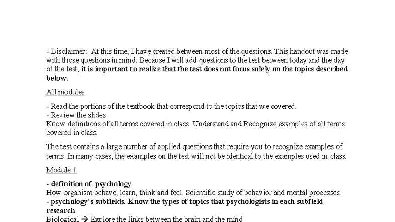 Psychology 101: Exam 1 Study Guide and Key Concepts - Studocu