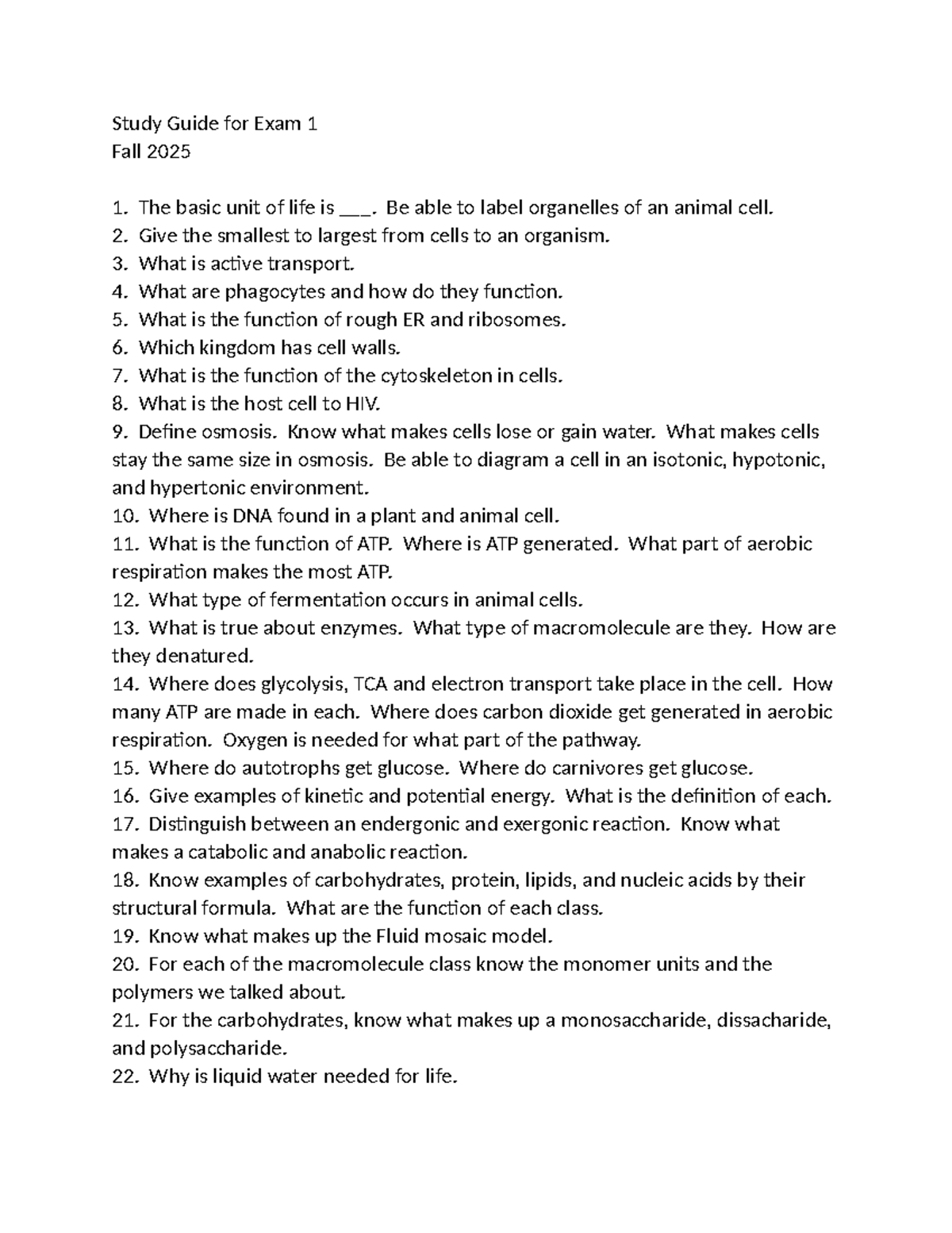 Study Guide for Exam 1 - BIOL 101, Fall 2025 - Studocu