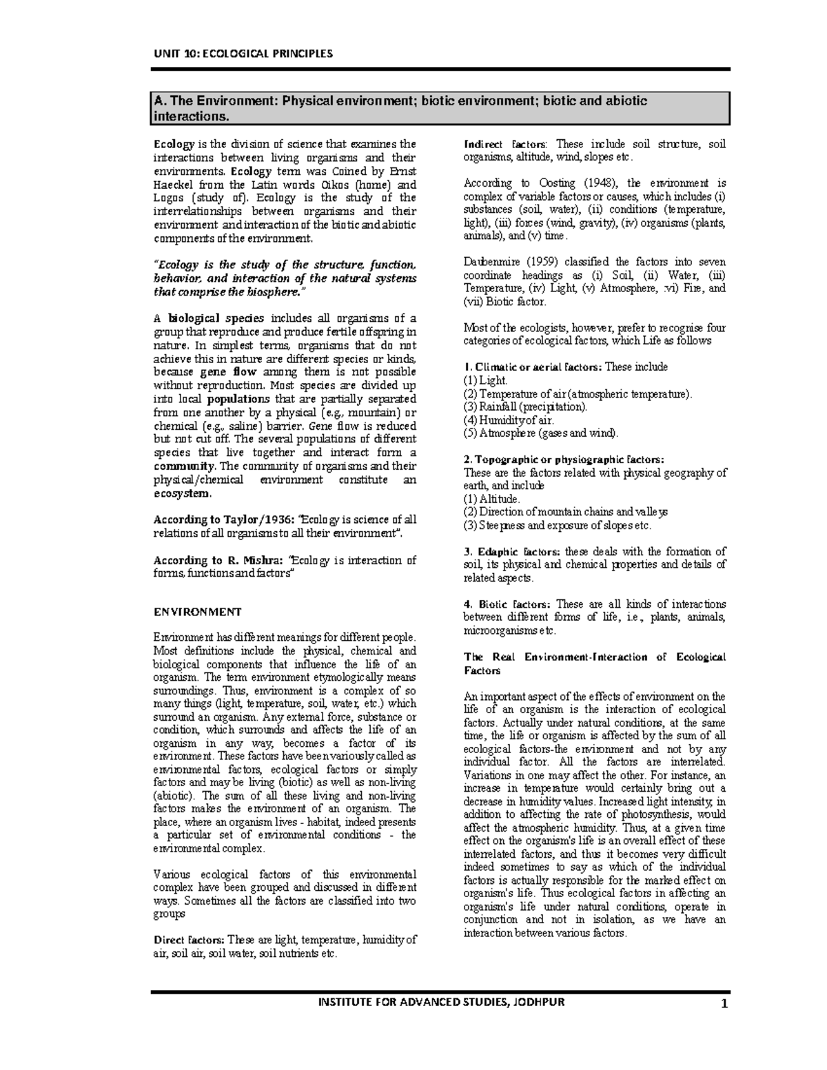 IFAS UGC Ecology Full Notes on Environmental Interactions - Studocu