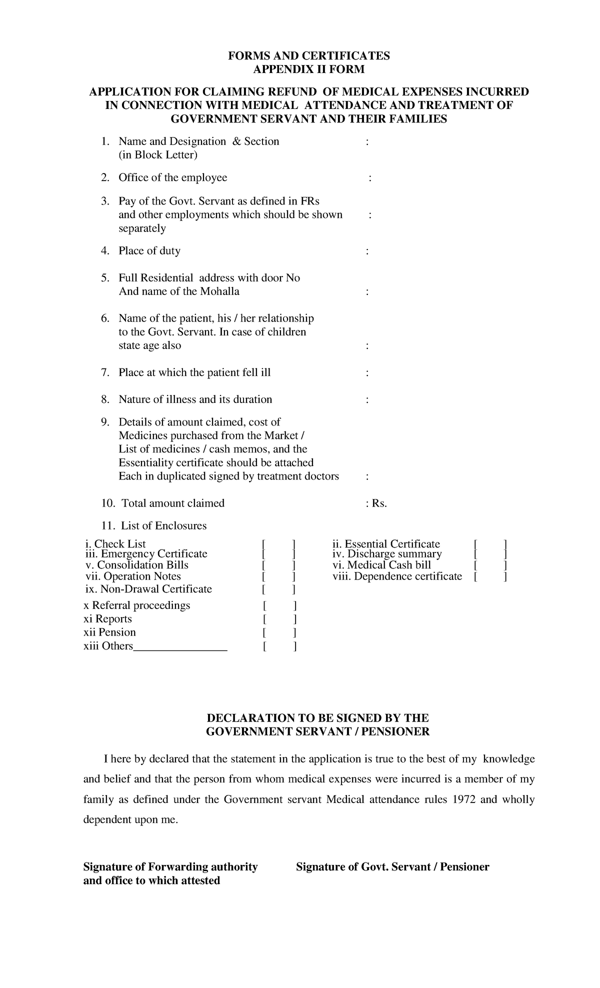 Appendix II Form - Medical Expense Refund Application for Govt ...
