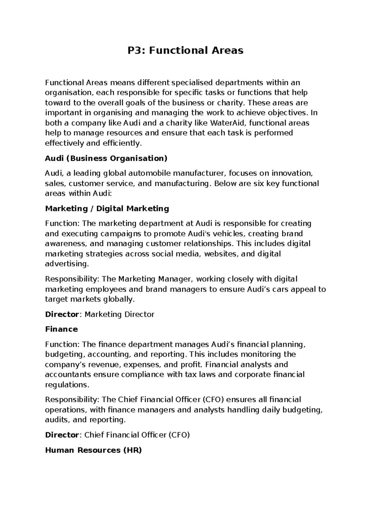 P3: Functional Areas Report on Audi & WaterAid's Departments - Studocu