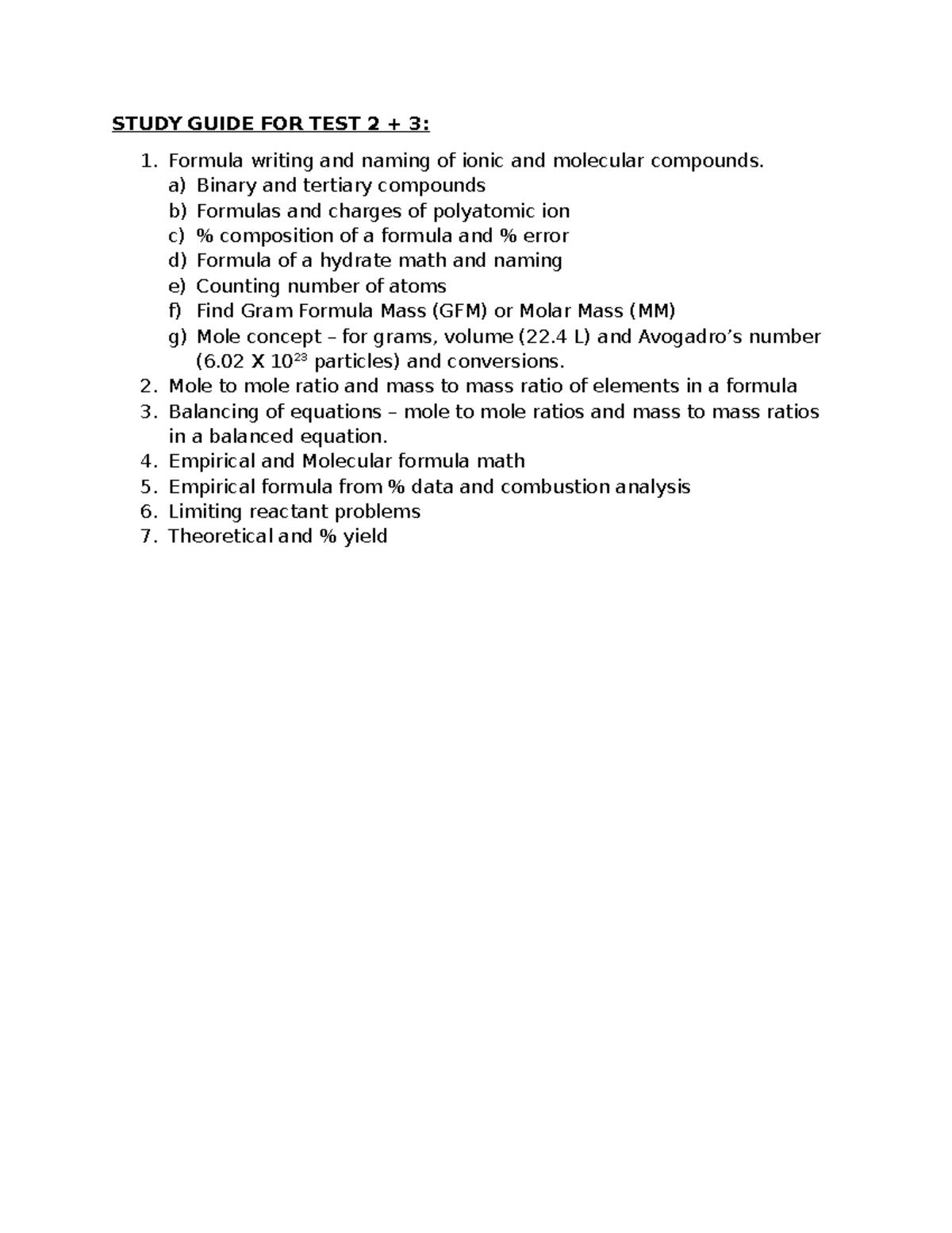 Study Guide for CHEM Test 2 & 3: Compounds, Moles, & Reactions - Studocu