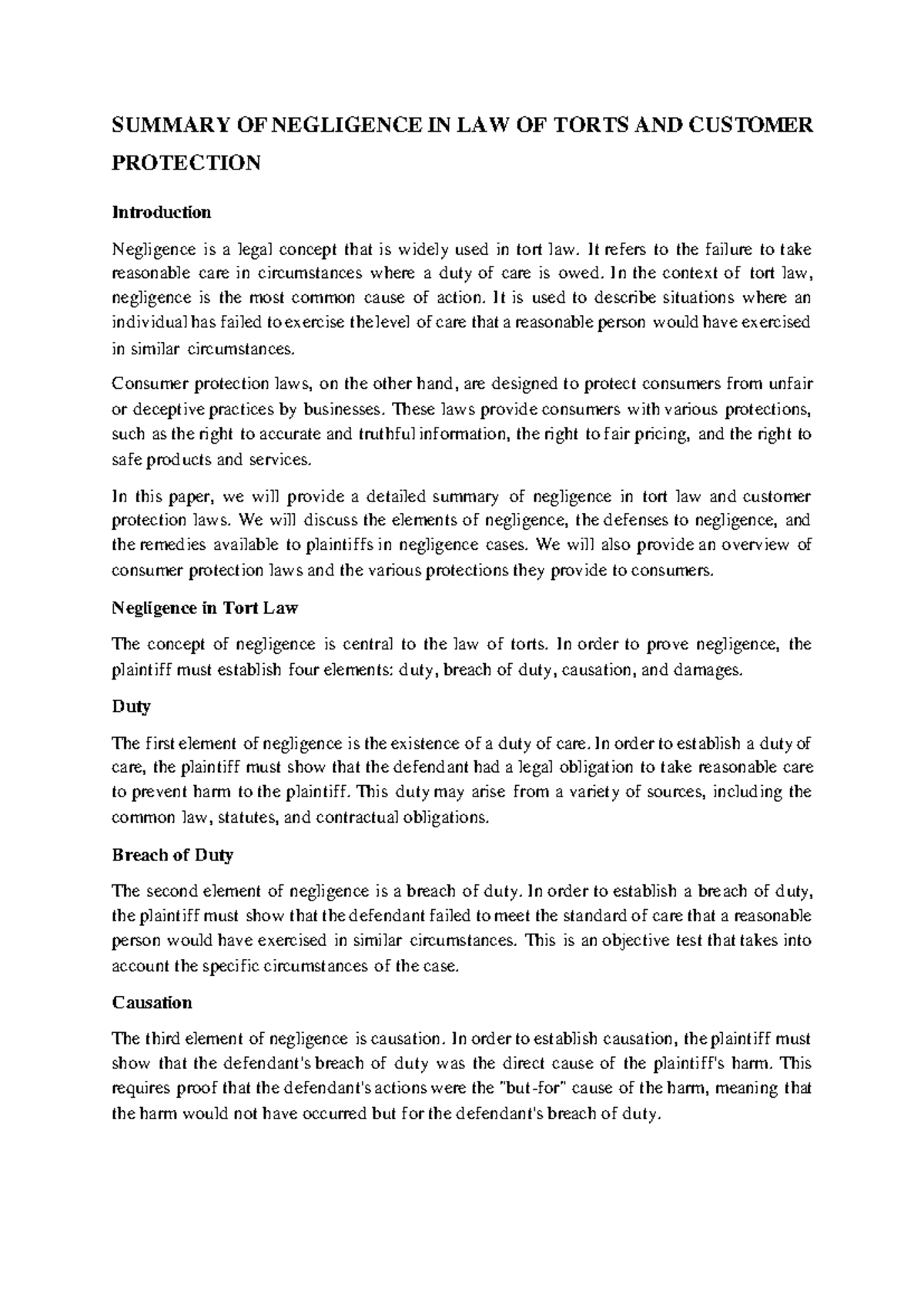 Summary of Negligence in law of Torts and Customer Protection - SUMMARY ...