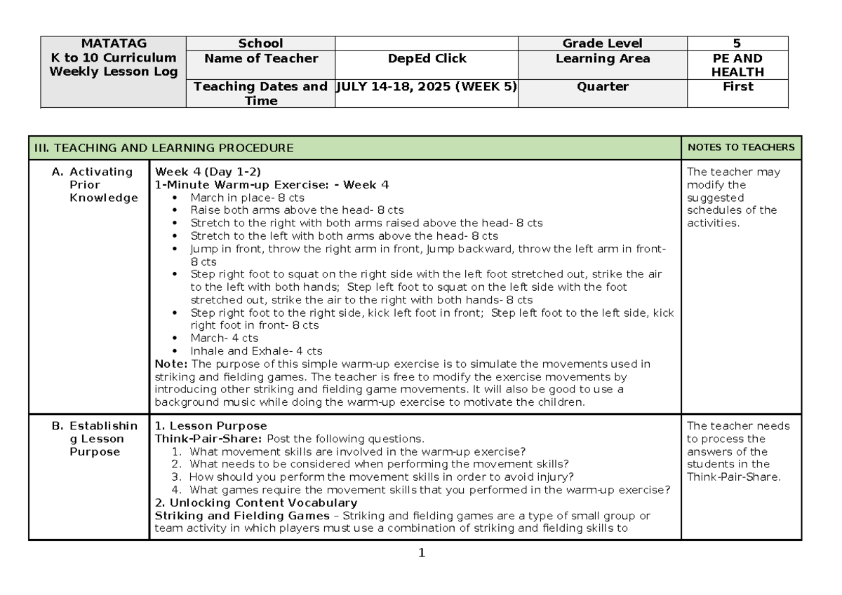 PE and Health 5 DLL Q1 Week 5 Lesson Log on Striking & Fielding Games ...
