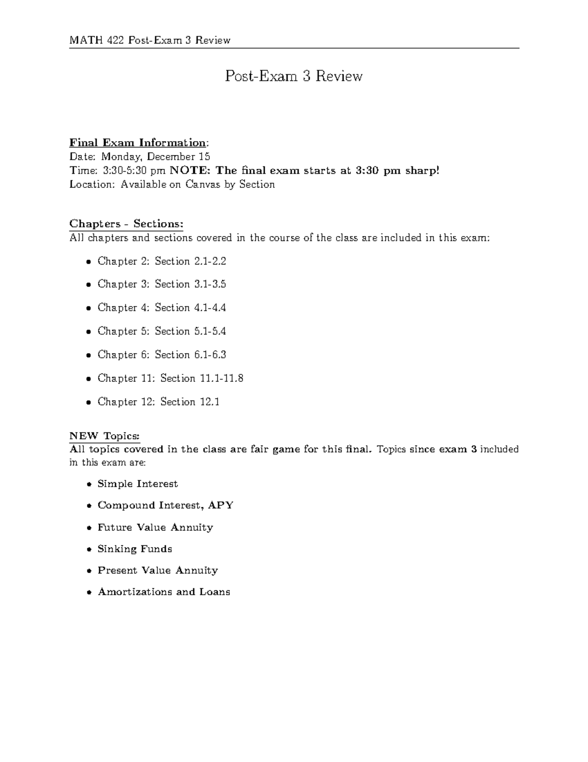 MATH 422 Final Exam Review Guide - Studocu