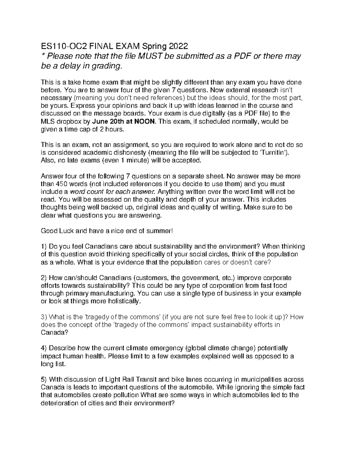 Exam es110 - ES110-OC 2 FINAL EXAM Spring 2022 * Please note tha t the ...
