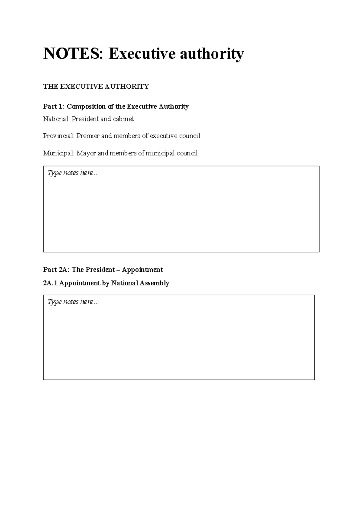 Notes: Executive authority overview for CON202 students - Studocu