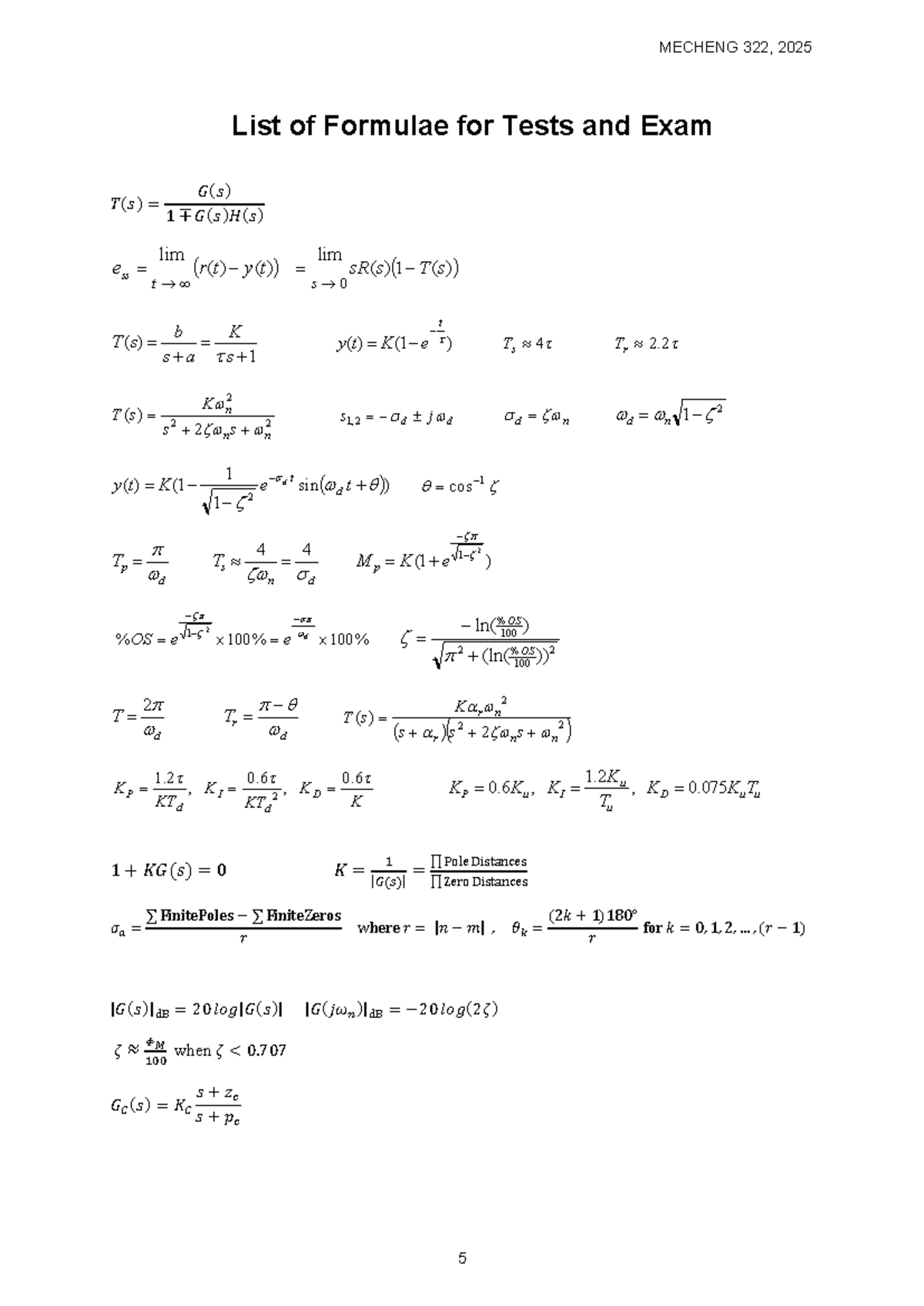 MECHENG 322: 2025 Formulae for Tests and Final Exam Review - Studocu