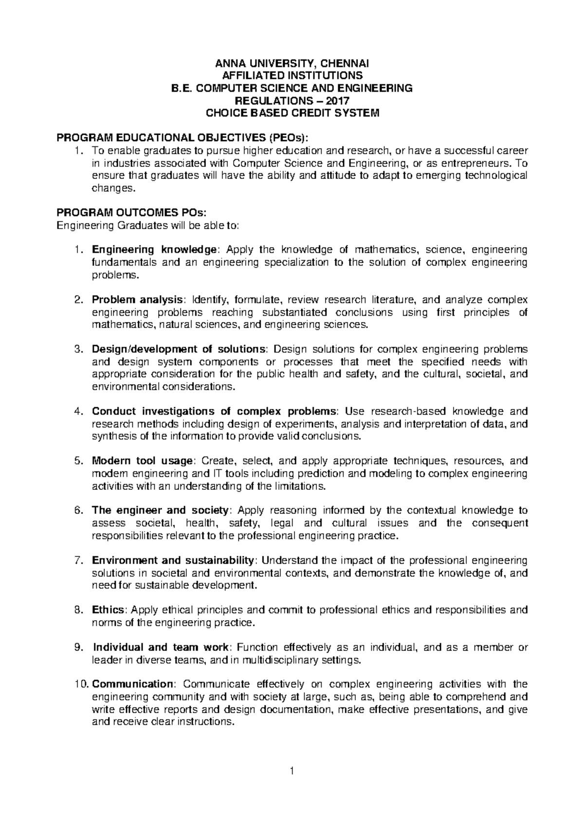 B.E. CSE R2017 - Computer Science Engineering Regulations and Outcomes ...