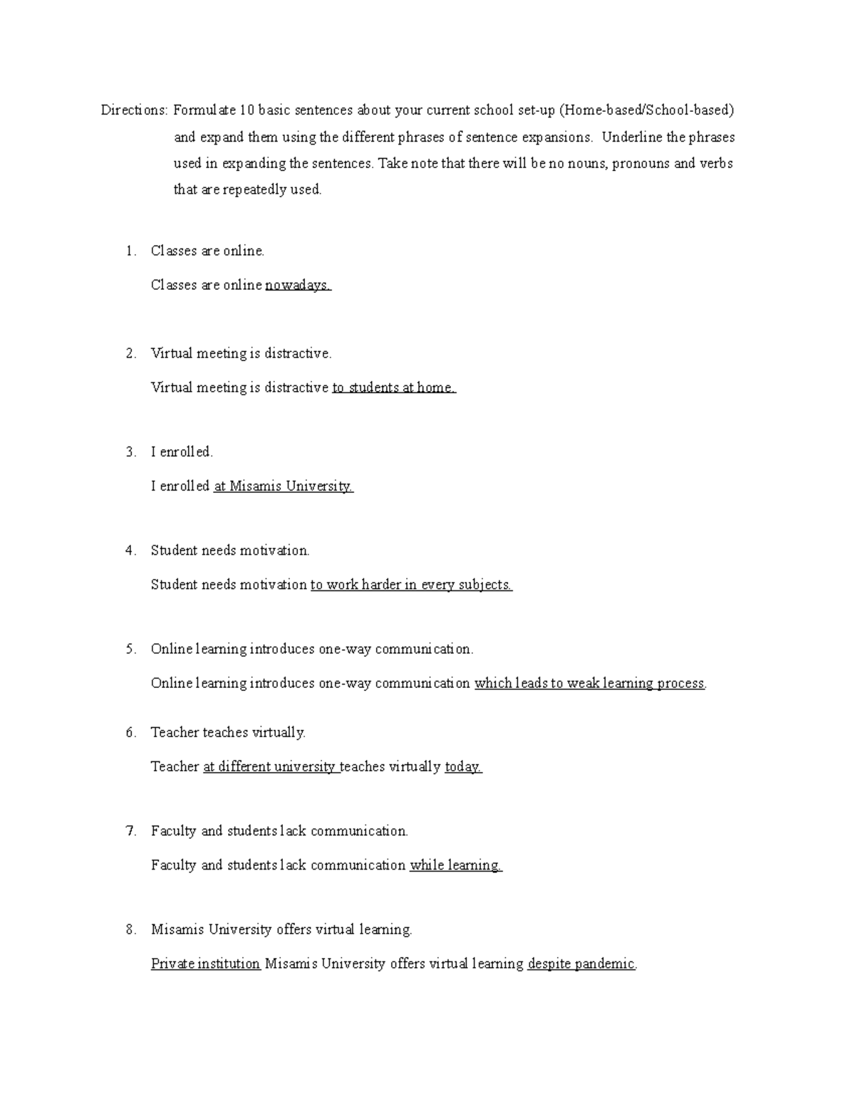 Grammar and Speech Enhancement: Sentence Expansion Exercise - Studocu
