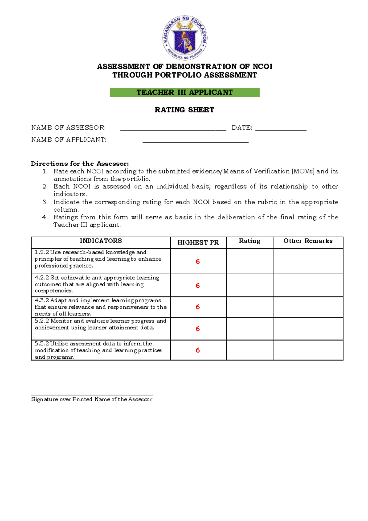 Teacher III - NCOI Portfolio Assessment Rating Sheet - Document Preview