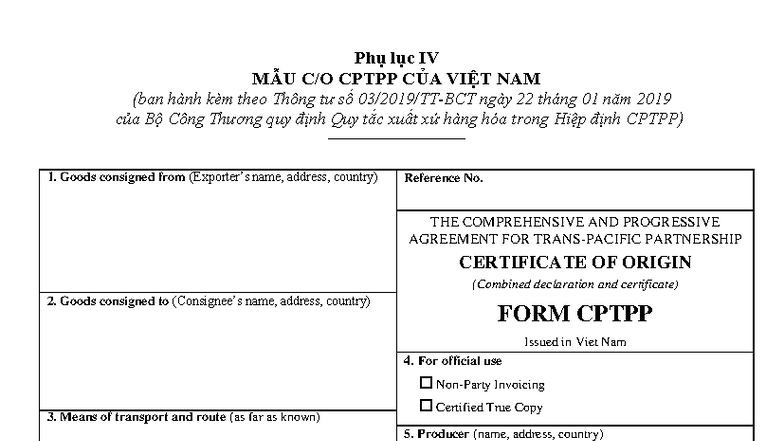 Phụ lục IV Mẫu CPTPP Việt Nam - Chứng nhận Xuất xứ Hàng hóa - Studocu