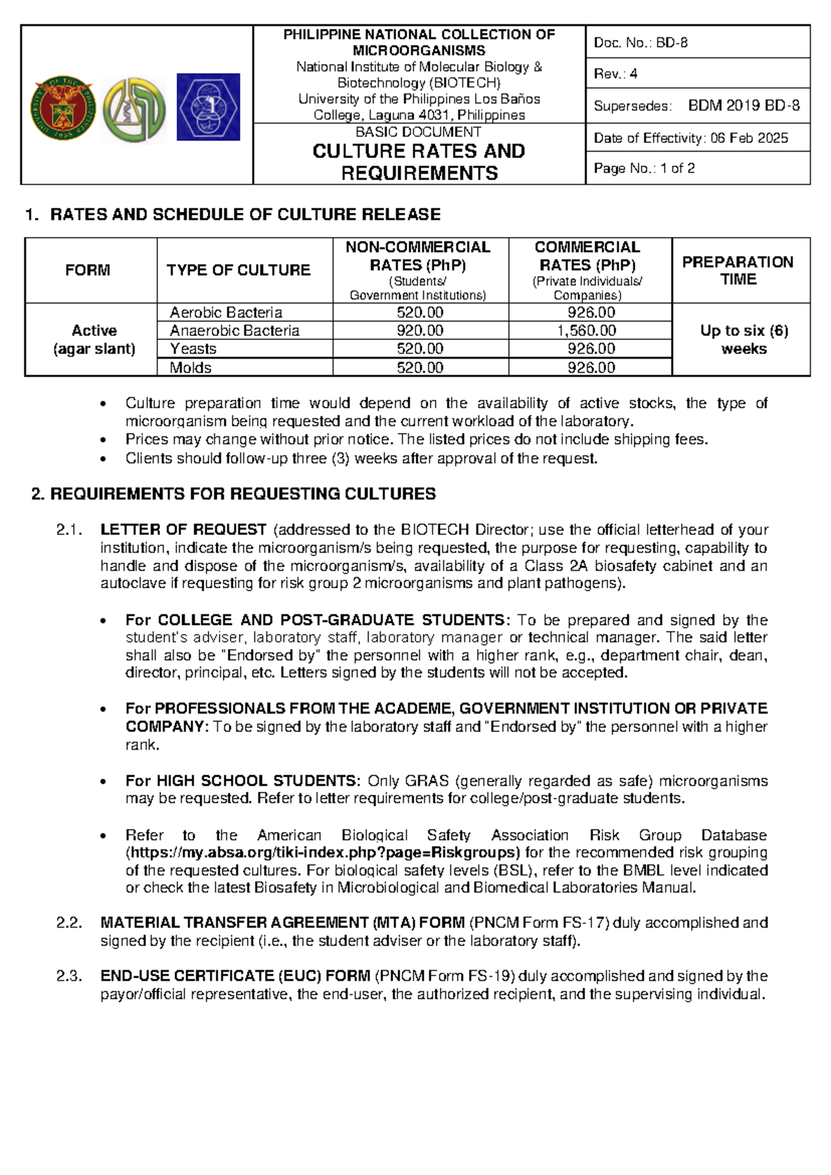 Effective Rates & Requirements for Microorganism Cultures (PNCM BD8 ...