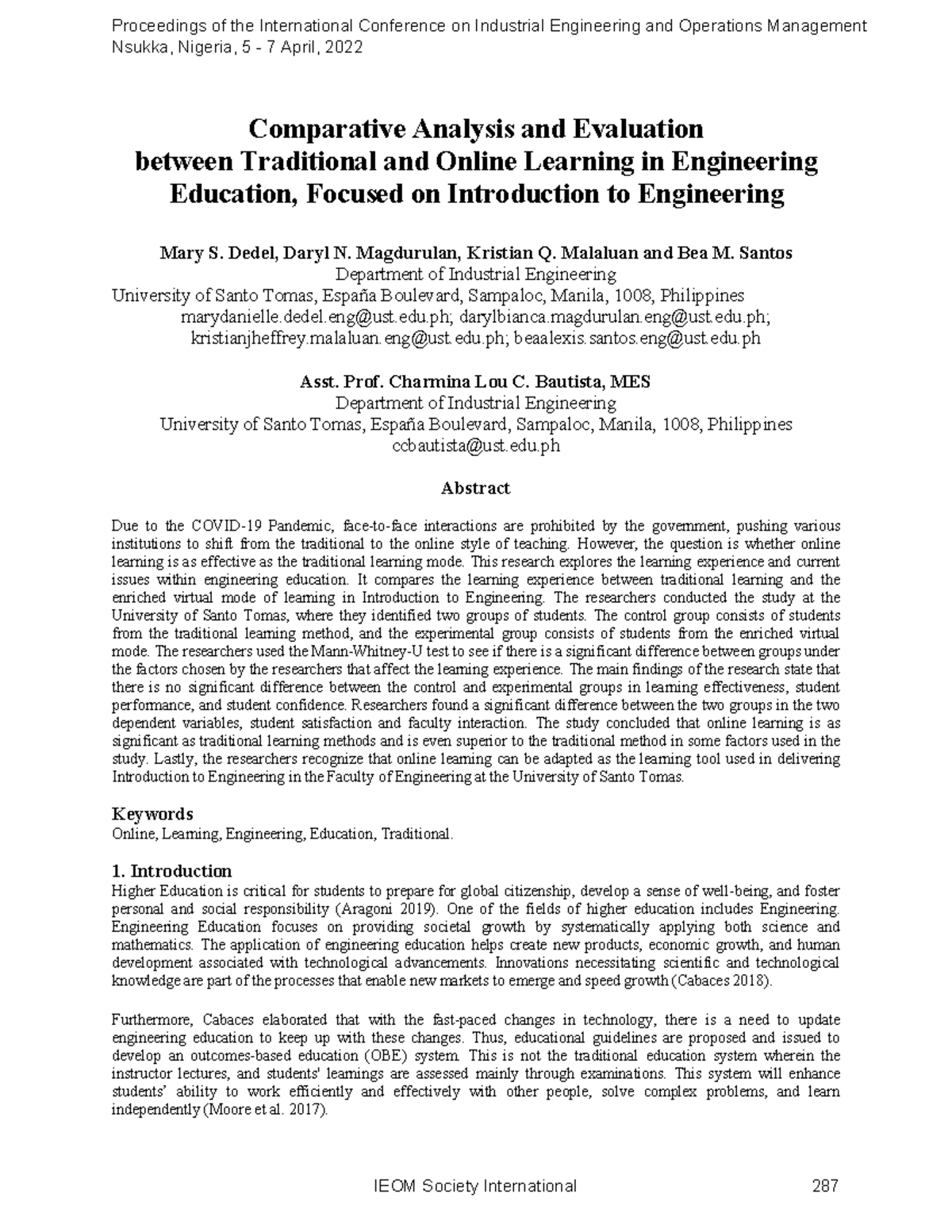 Comparative Study of Traditional vs. Online Learning in Engg. Ed. (IEOM ...