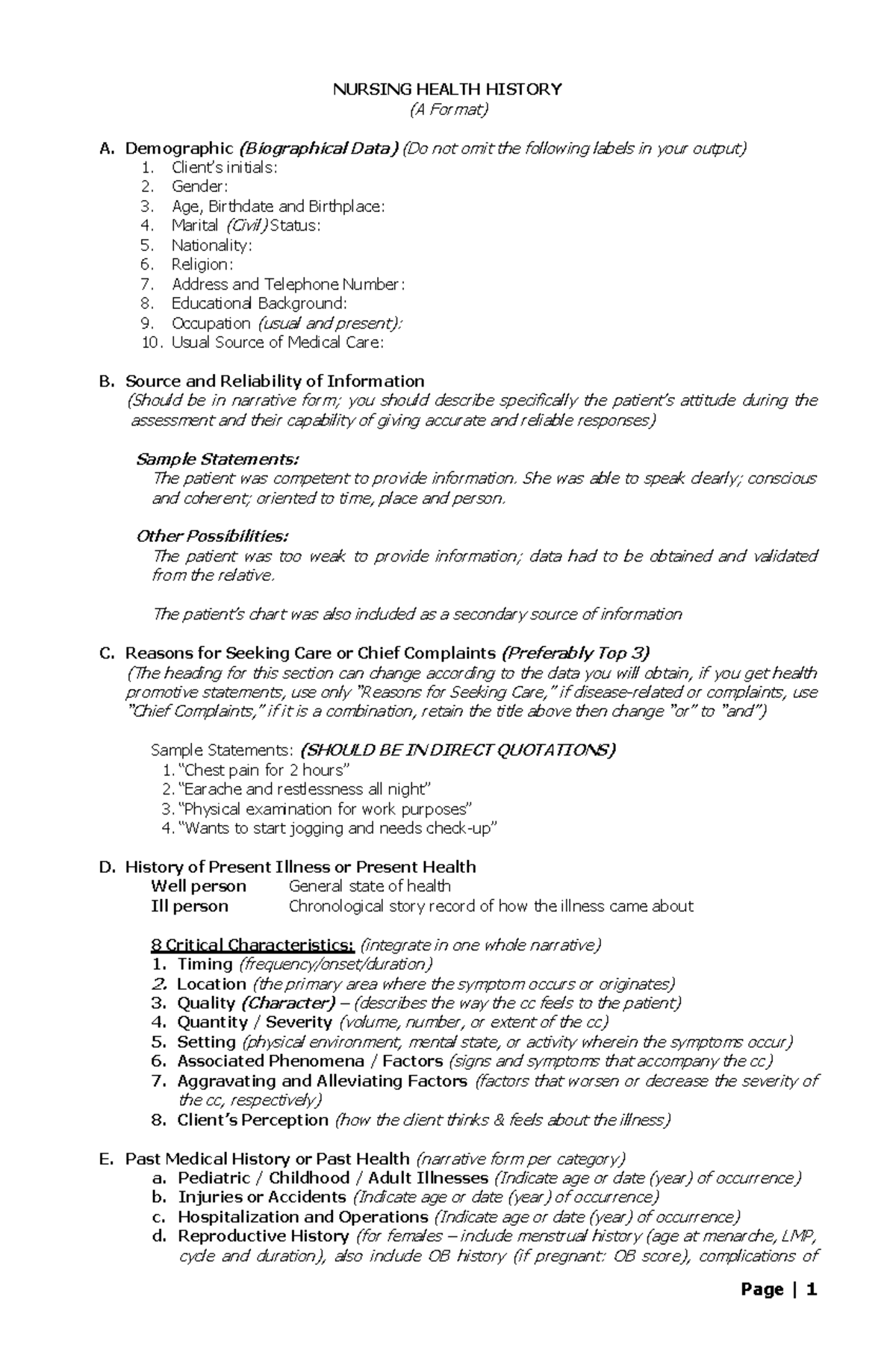 Nursing Health History Format: A Comprehensive Guide for Assessment ...