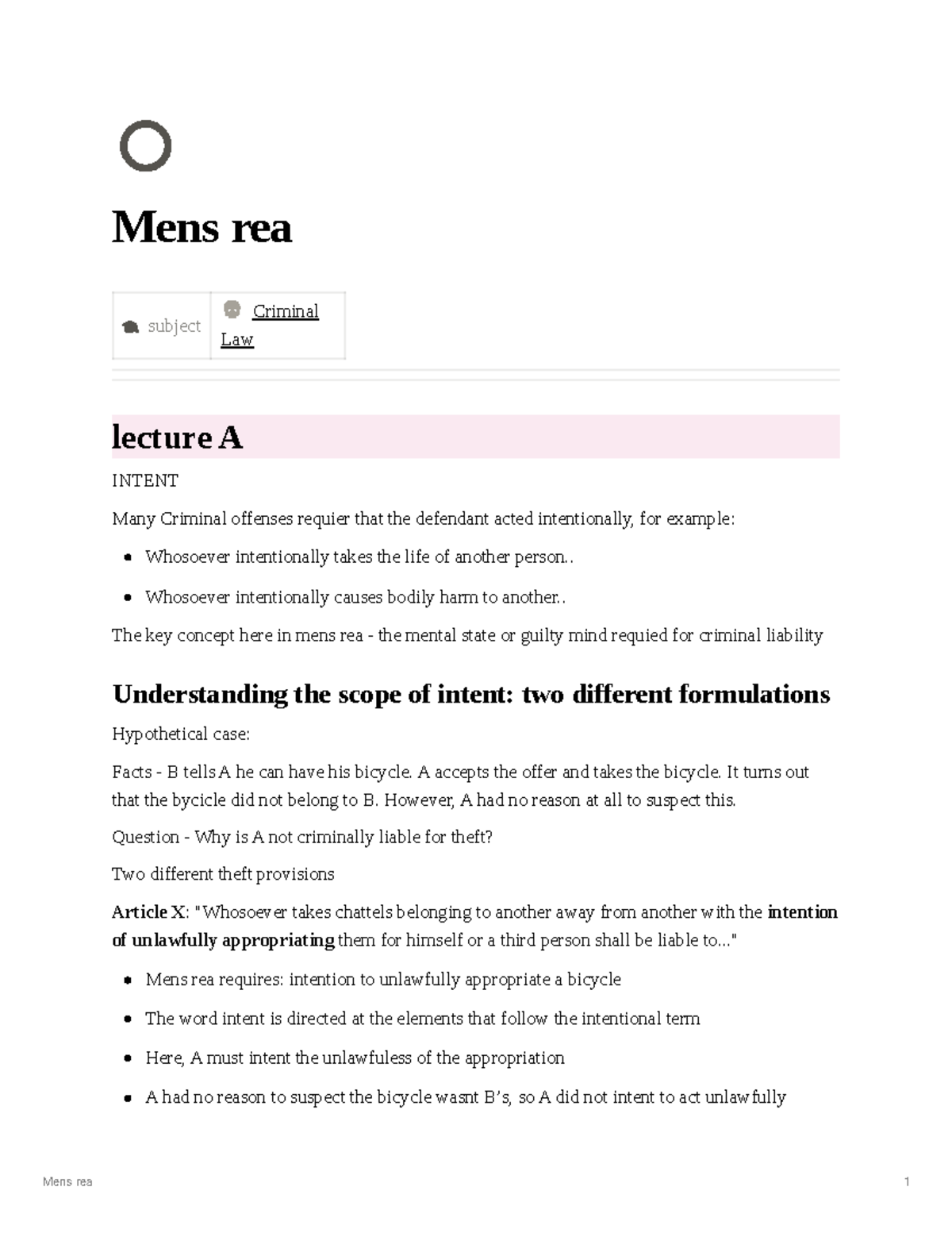 Mens Rea and Intent in Criminal Law Lecture A: Key Concepts and Cases ...