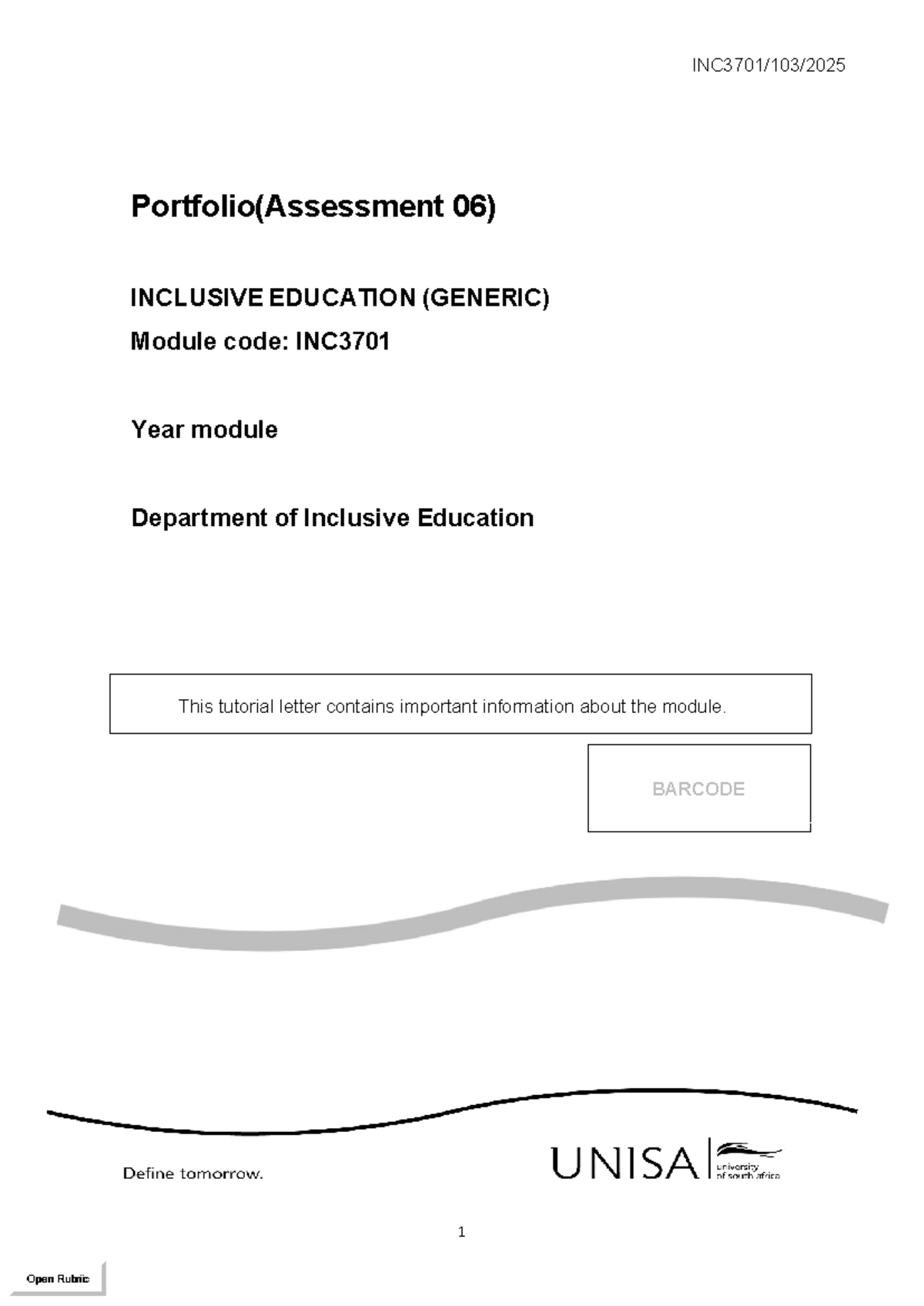 INC3701 Portfolio Assessment 06: Inclusive Education Guidelines - Studocu