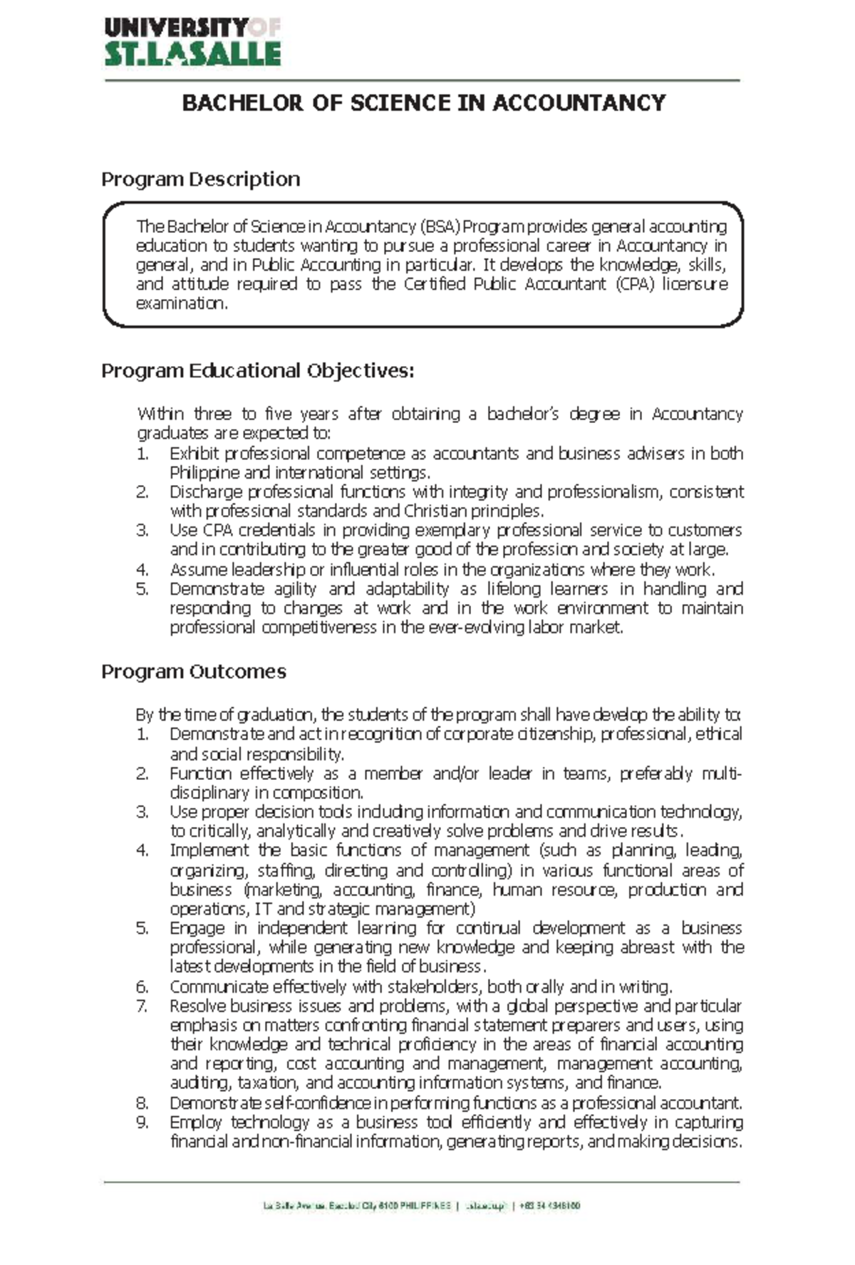 BSA Program Overview: Bachelor of Science in Accountancy at DLSU - Studocu