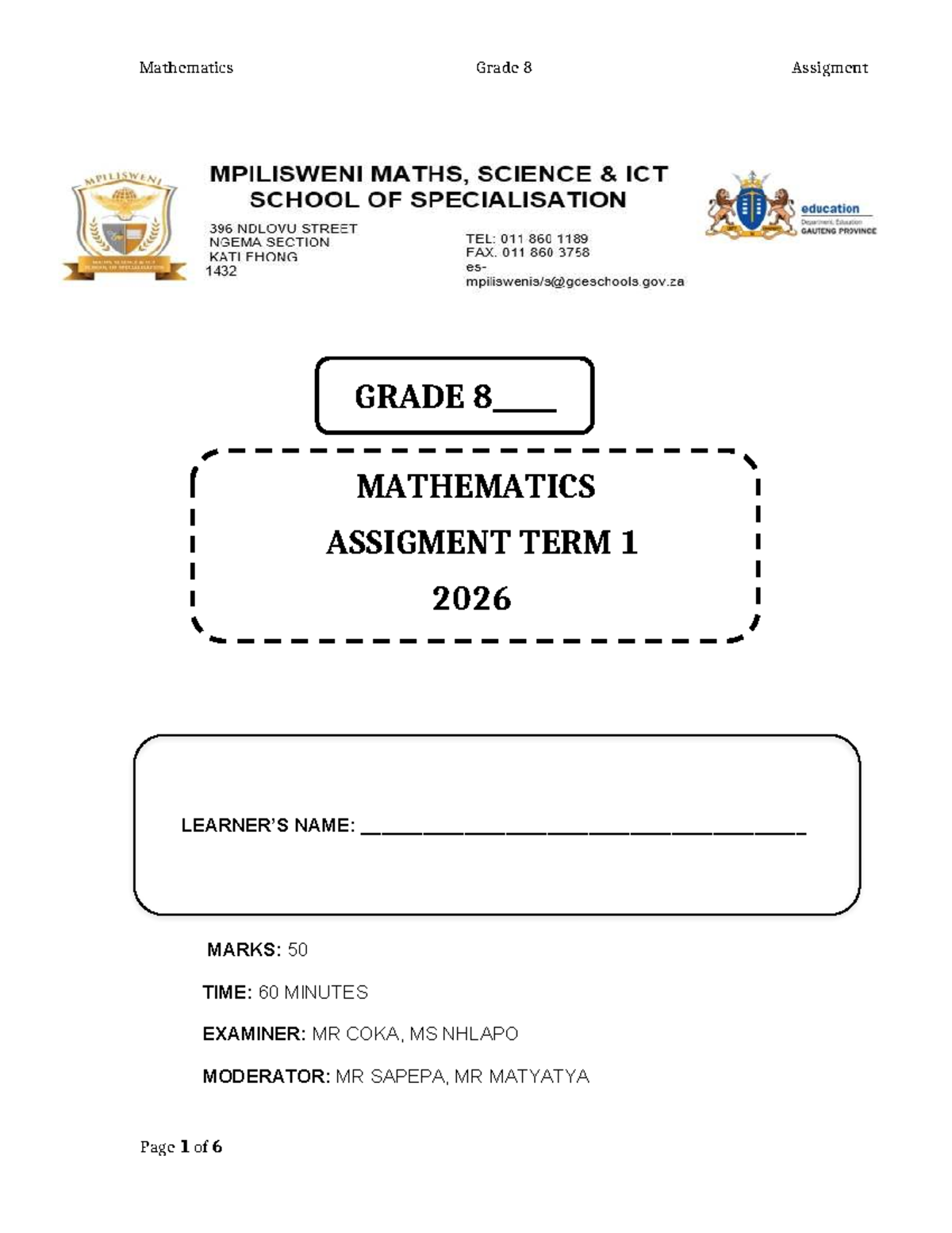 Grade 8 Mathematics Assignment Term 1 2026 - 50 Marks - Studocu