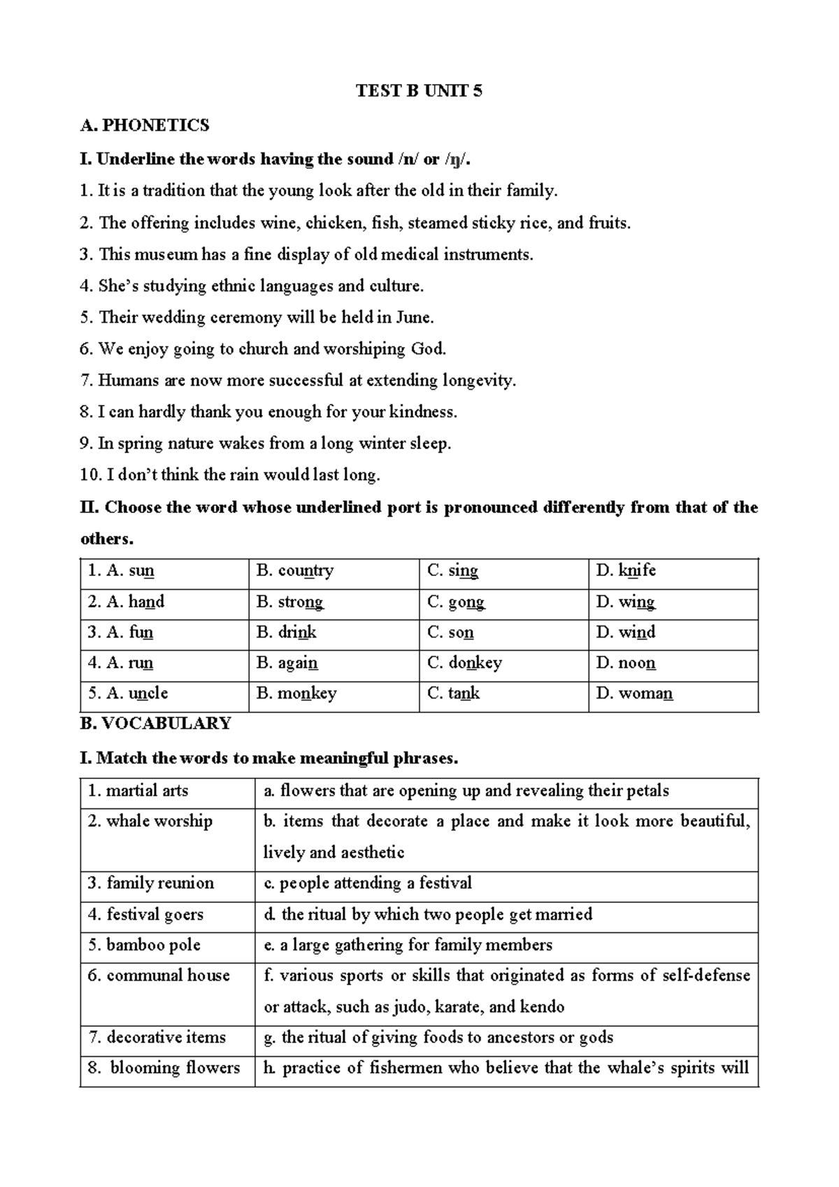 Test B Unit 5: Phonetics and Vocabulary Practice - Studocu