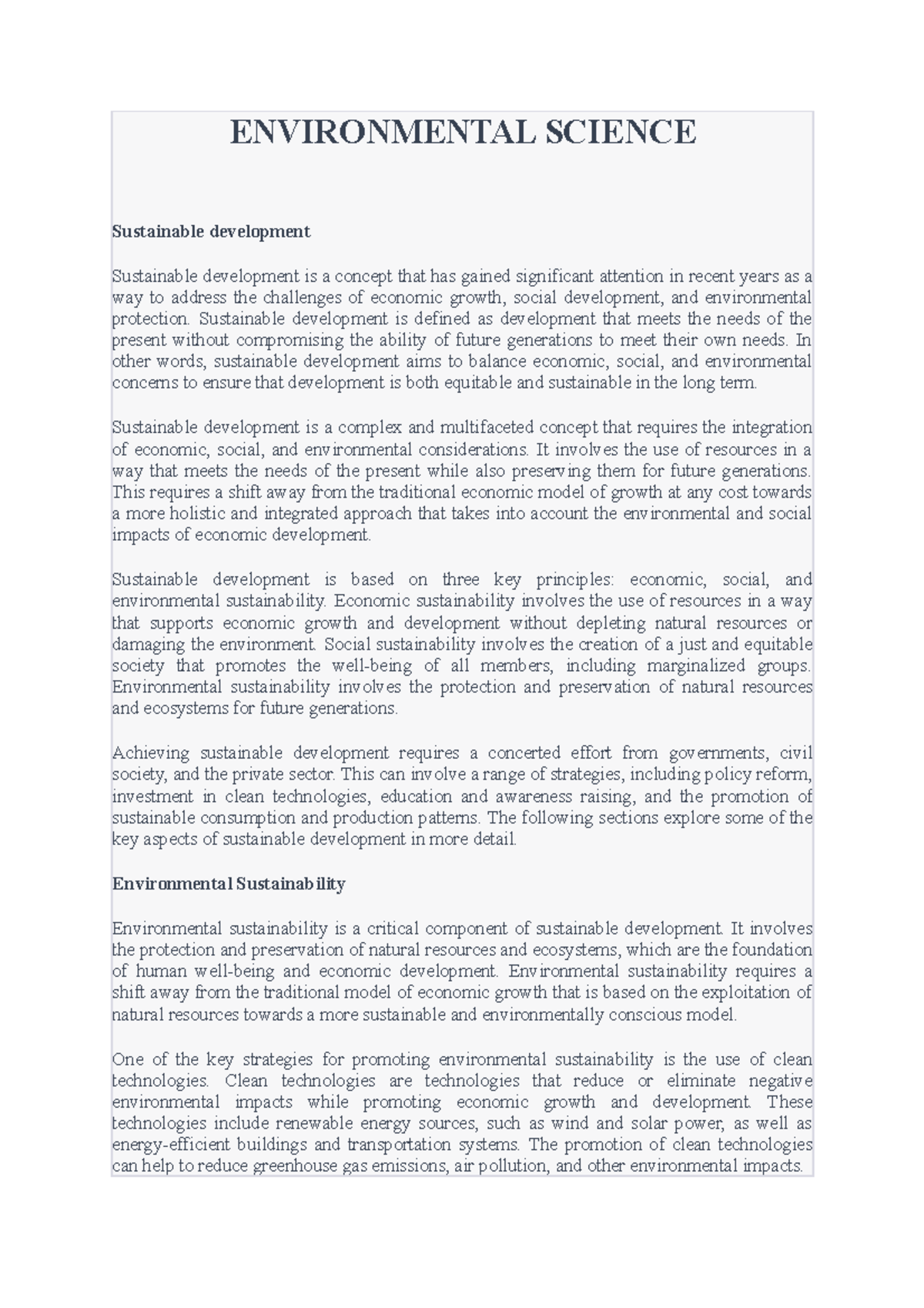 Environmental Science(Sustainable development) - ENVIRONMENTAL SCIENCE ...