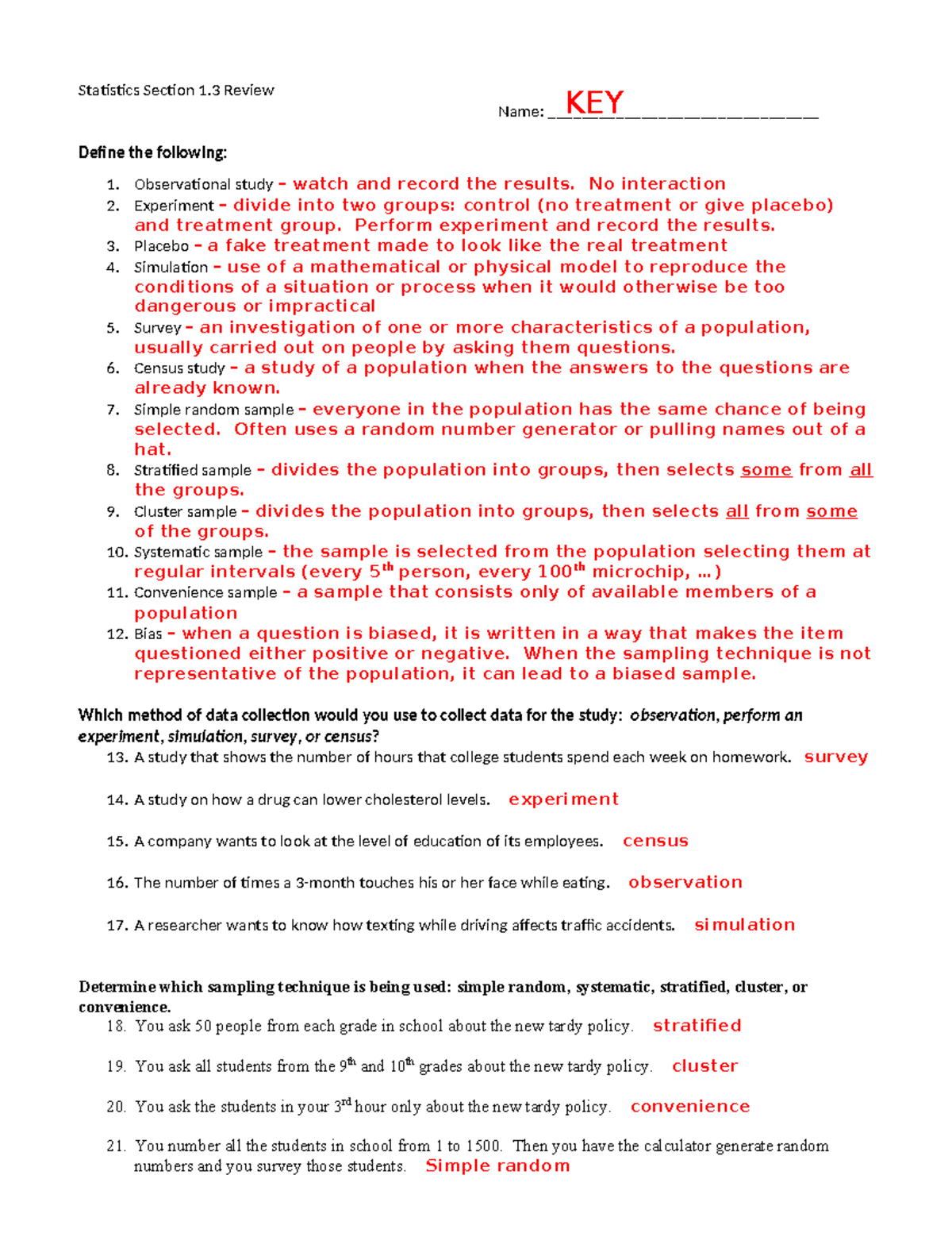 Statistics Section 1.3 Key Concepts & Review Notes - Studocu