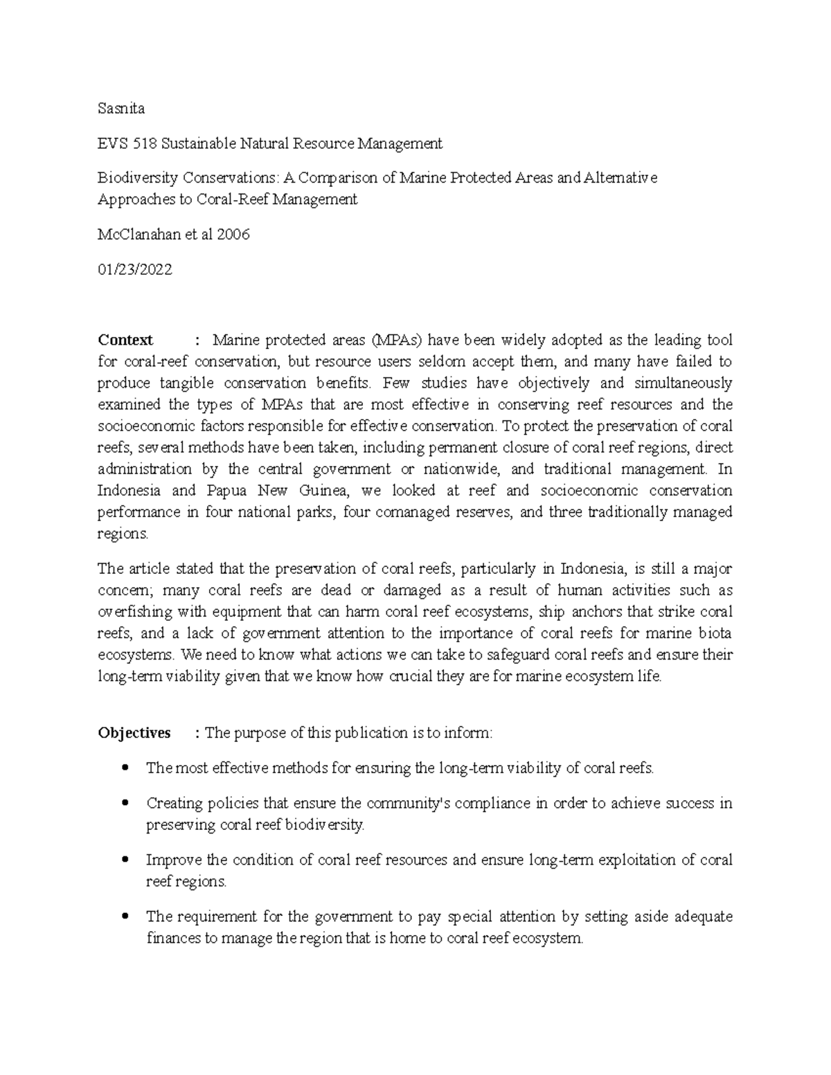 Literature review 6 - Sasnita EVS 518 Sustainable Natural Resource ...