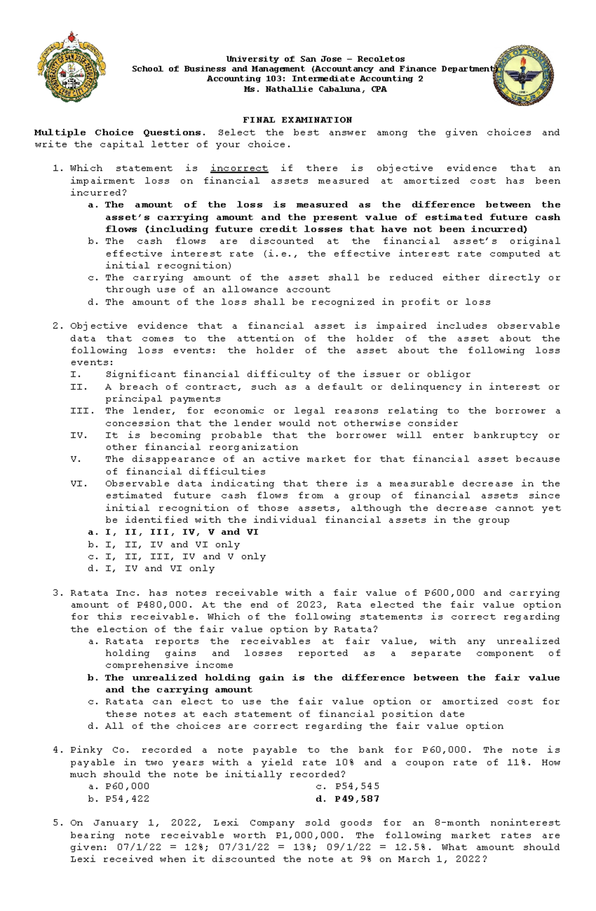 Final Exam Accounting 103 Ncabaluna Answers - University of San Jose ...