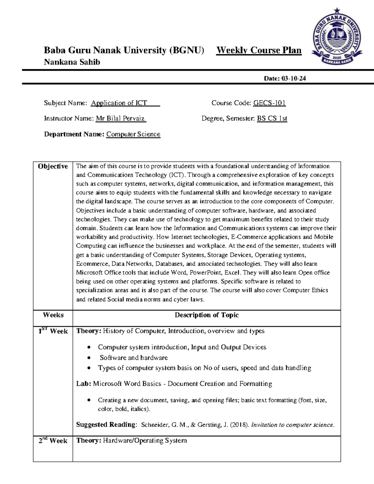 Weekly ICT Course Plan GECS - BS CS 1st Semester Overview - Studocu