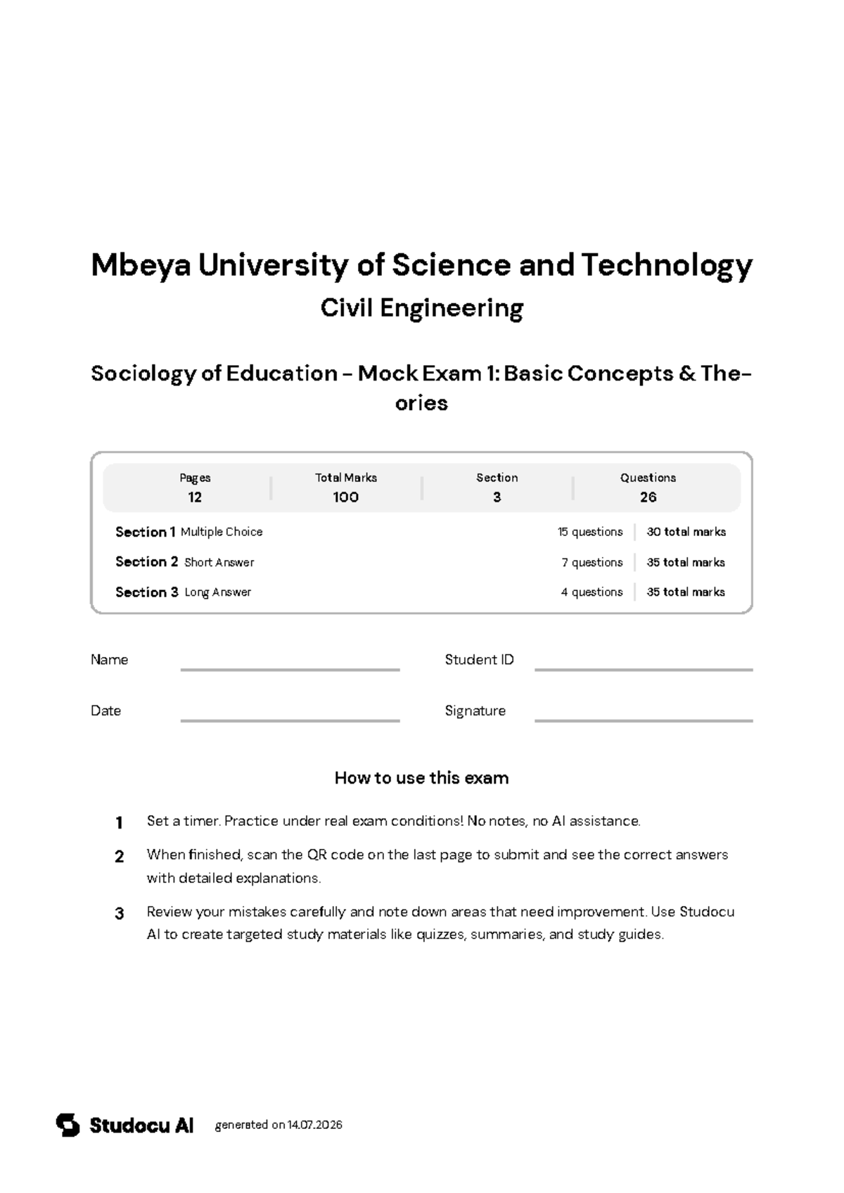 Sociology of Education - Mock Exam 1: Basic Concepts & Theories - Studocu